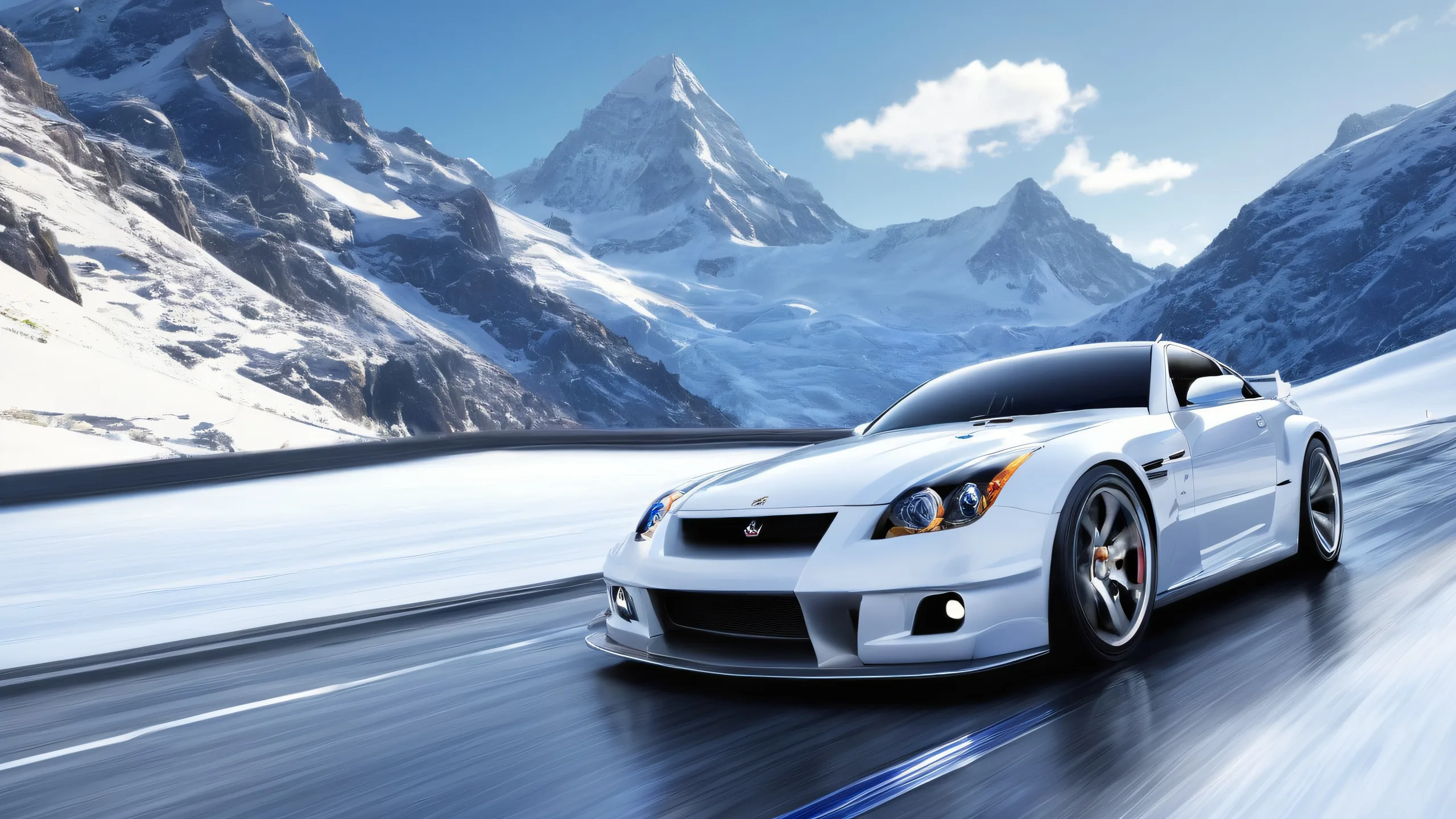 Stunning Ethereal Mountain Vista Wallpaperデスクトップ/PCでの使用に最適 A serene automotive-themed desktop background featuring a car amidst snowy mountains and peaks, ideal for use on Desktop/PC.