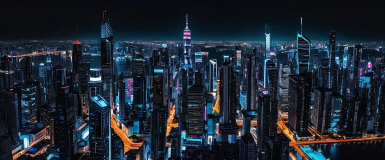 Stunning cityscape desktop wallpaper with neon-lit skyscrapers and deep blacks, perfect for Desktop/PC.