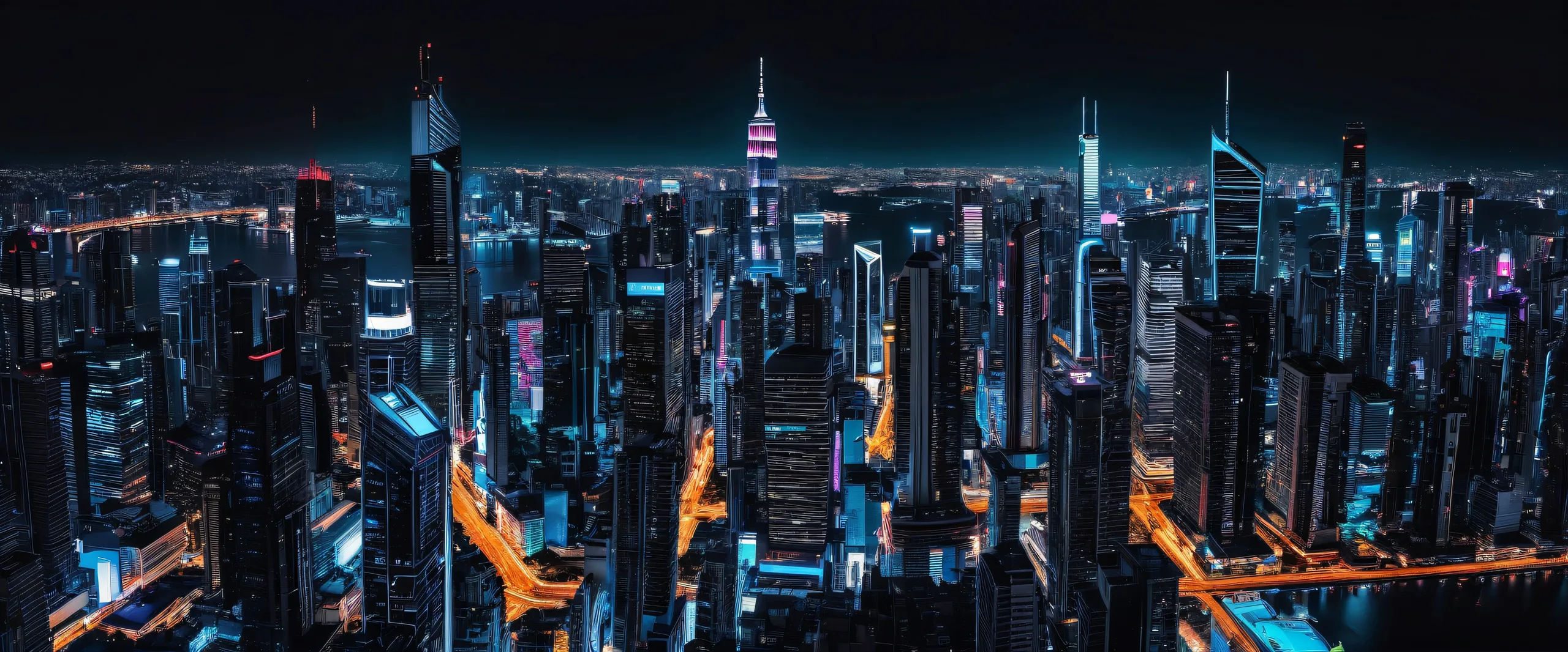 Stunning cityscape desktop wallpaper with neon-lit skyscrapers and deep blacks, perfect for Desktop/PC.