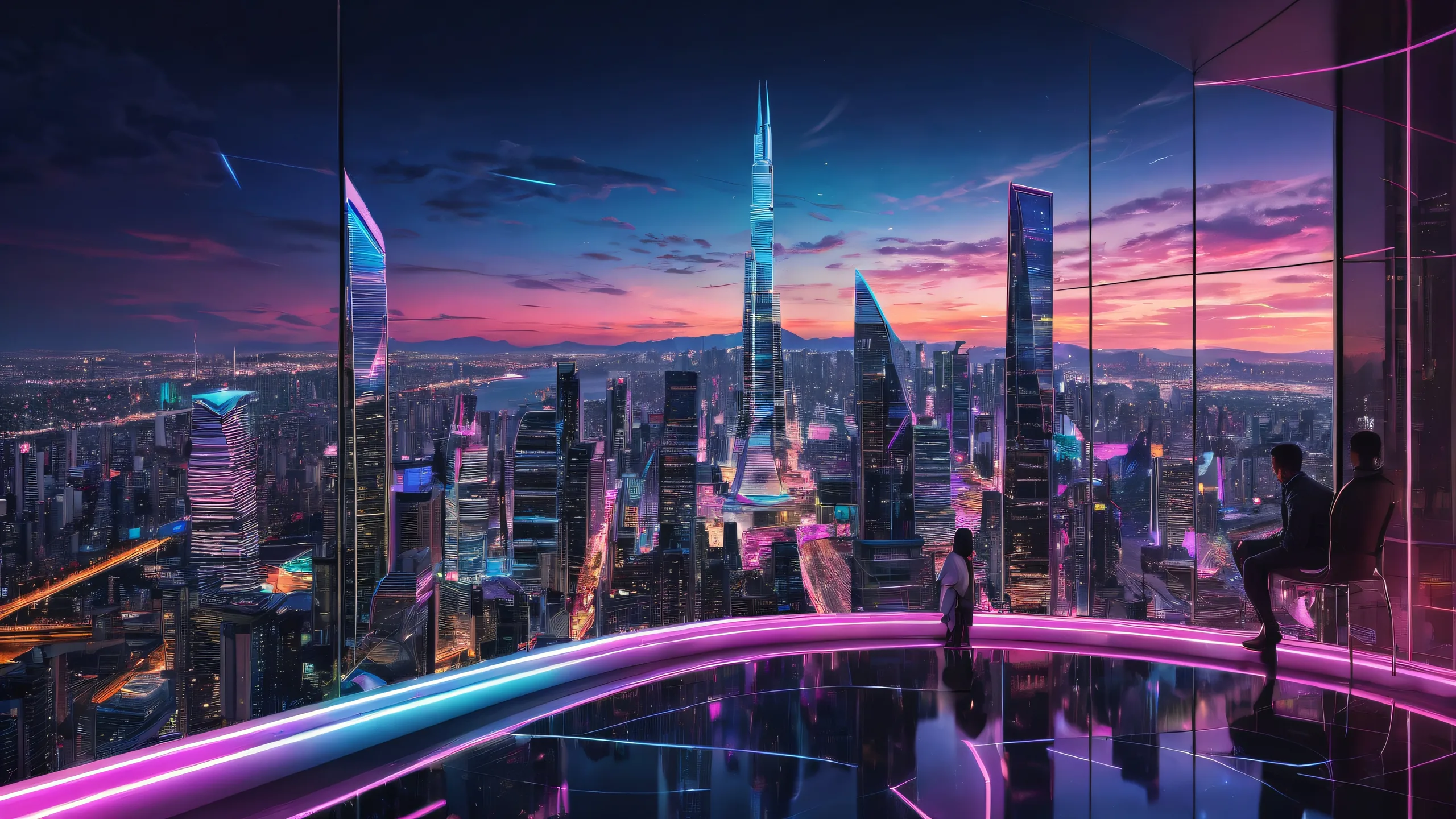 Portraits against a vast, dark void with neon cityscapes in the distance, suitable for Desktop/PC use.