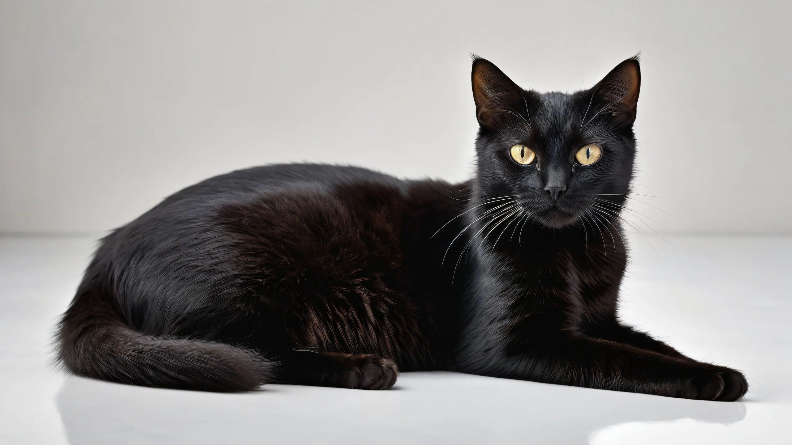 A majestic black cat sits majestically in a vast, pure void on a desktop/PC, surrounded by ethereal lighting and brilliant colors.