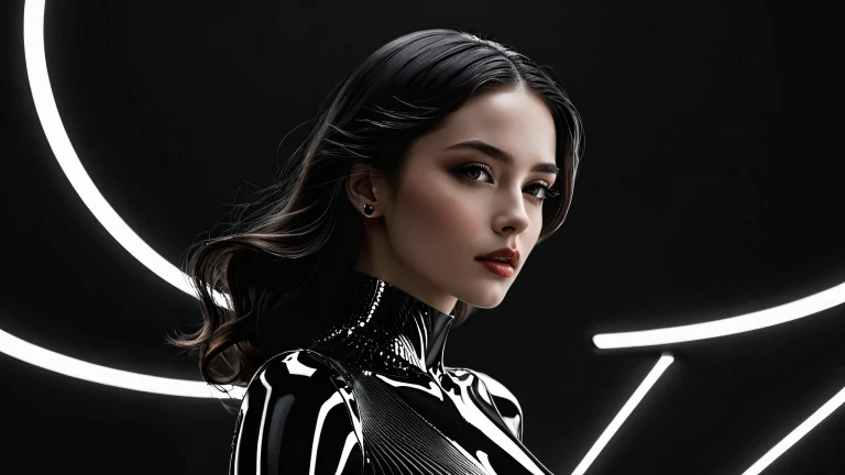 A serene woman in a vast, pure void with deep blacks and luminescent accents on a dark mode desktop for PC or Mac.