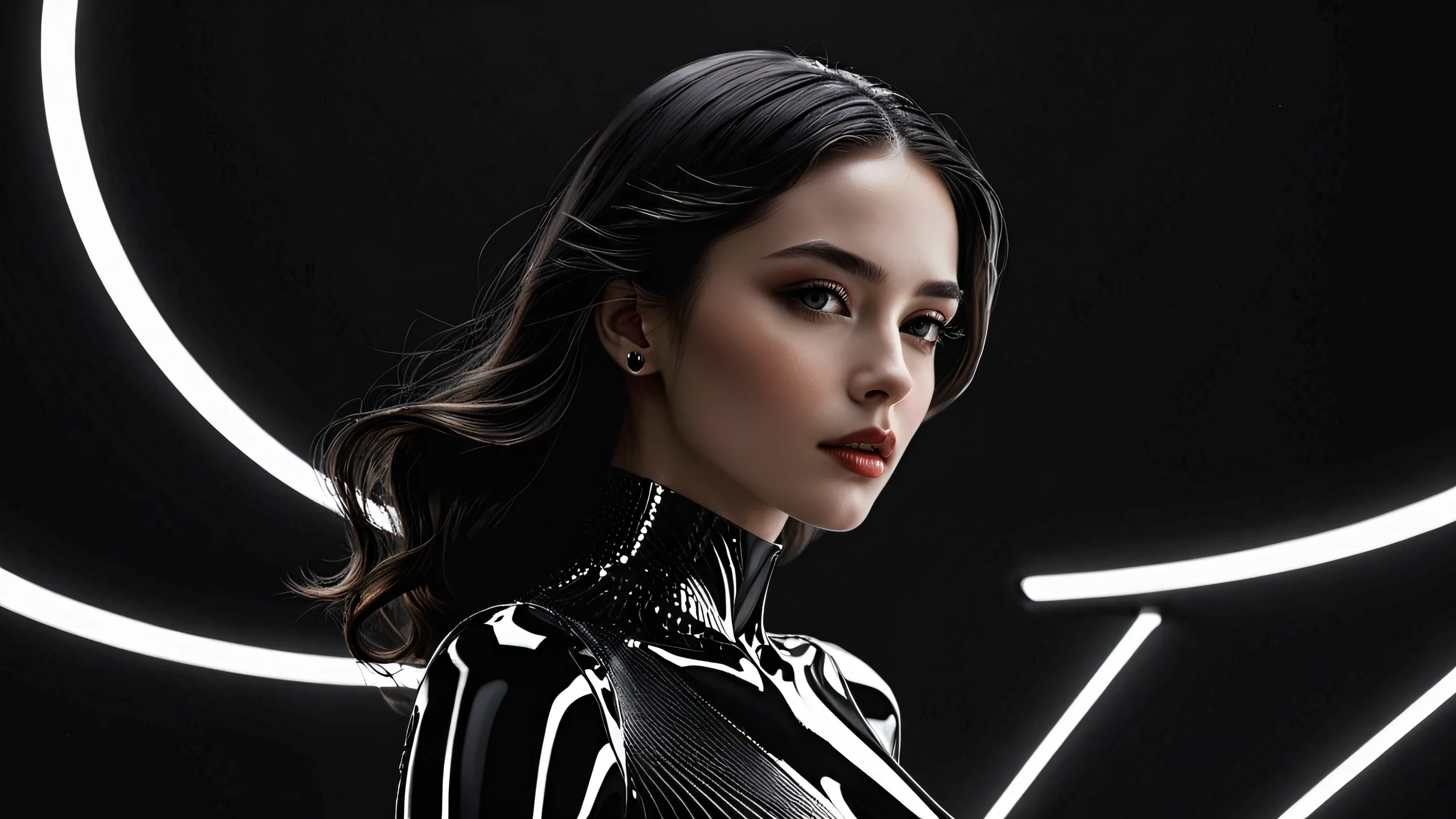 4K Ethereal Night Sky Desktop Background A serene woman in a vast, pure void with deep blacks and luminescent accents on a dark mode desktop for PC or Mac.