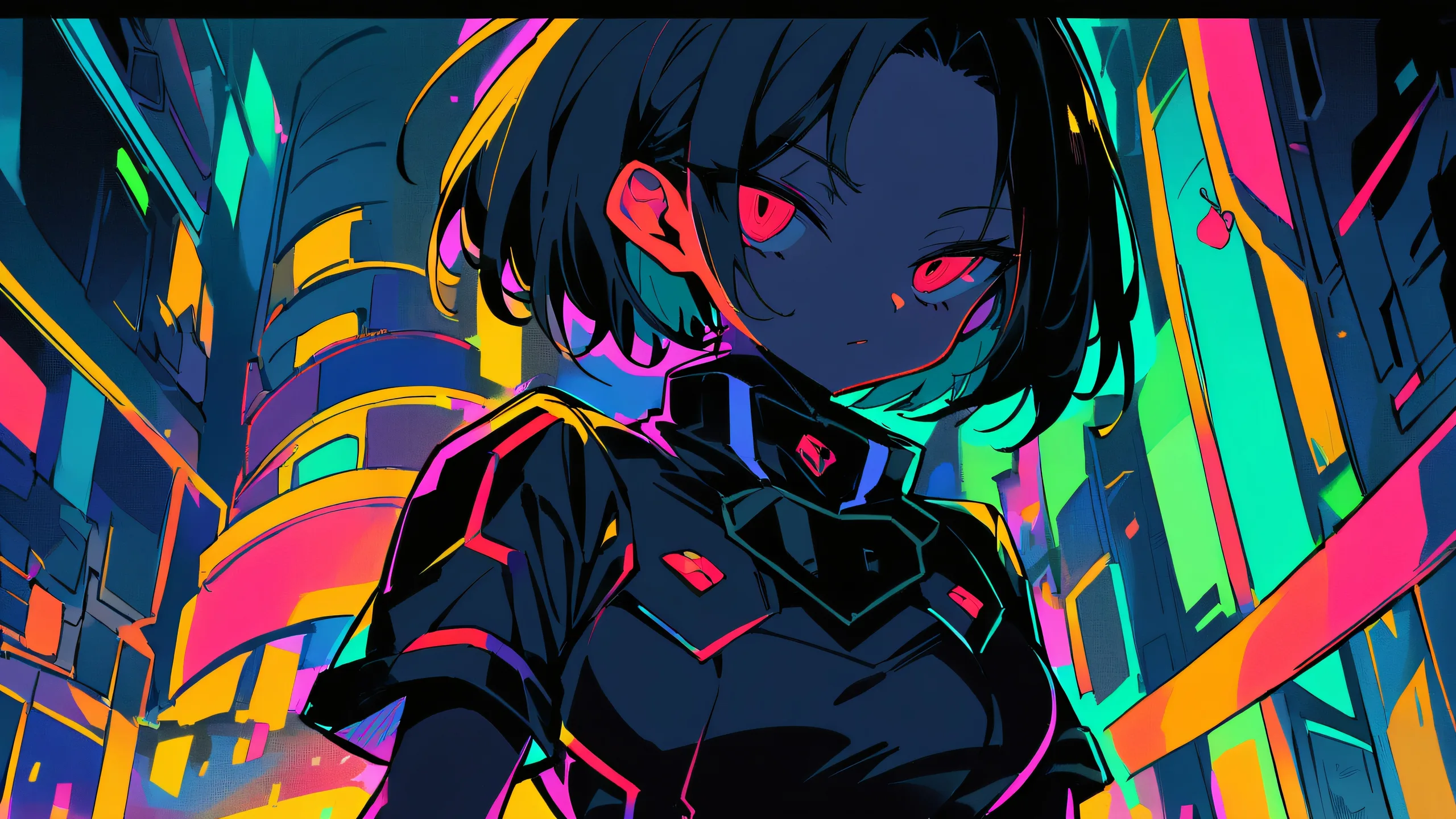 A young girl looking at the viewer from a void with glowing lights and shadows in a 16:9 night scene, suitable for desktop/pc.