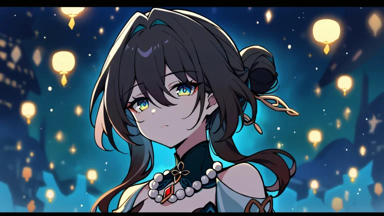 A lone girl stands in a vast, perfectly clean and pure void, looking directly at the viewer with an air of elegance. This is a desktop wallpaper featuring a night scene from Honkai: Star Rail, with a dominant color scheme of deep blues and purples.