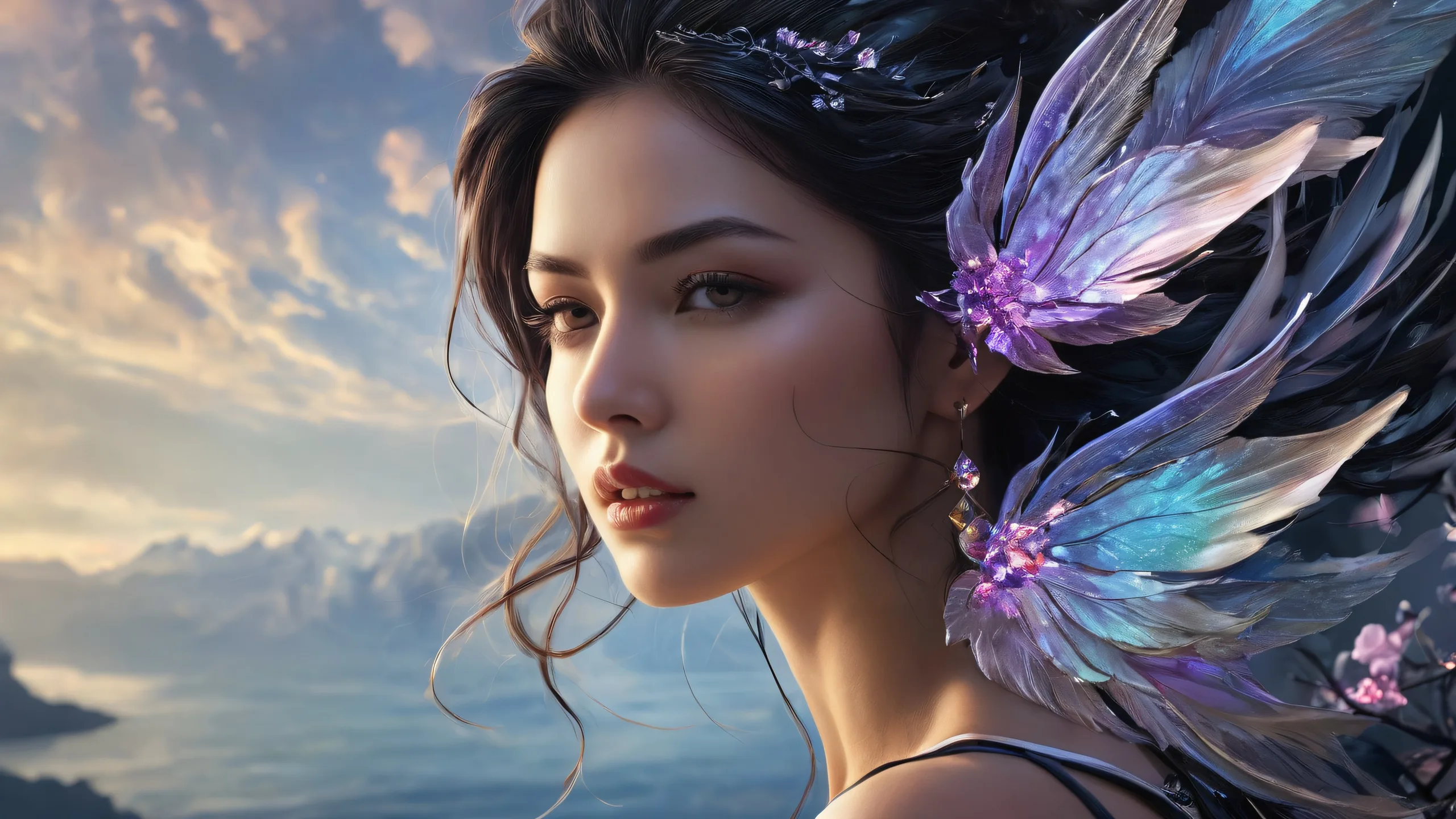A serene and peaceful dark fantasy desktop scene of a woman amidst a vast pure void, perfect for your PC or Desktop.
