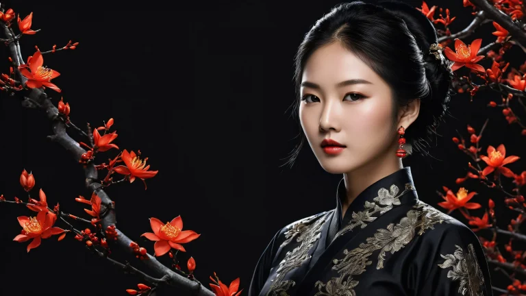 A breathtaking Asian woman silhouette against a vast, pure void on a desktop/pc screen.