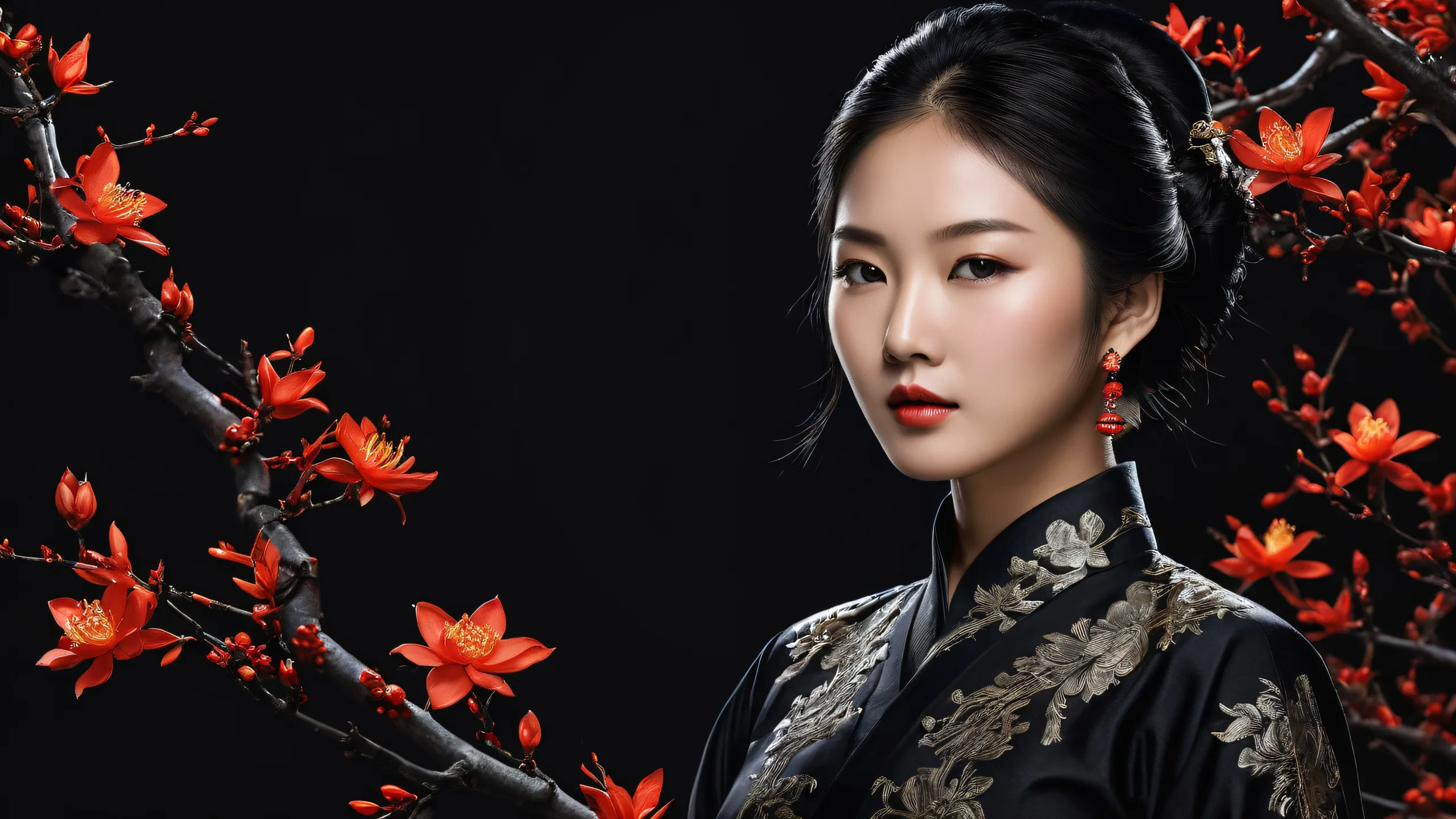 A breathtaking Asian woman silhouette against a vast, pure void on a desktop/pc screen.