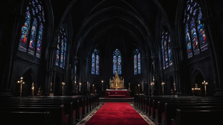 A dark and serene desktop image of a black church at sunset on a pure void background, suitable for desktop/pc use.