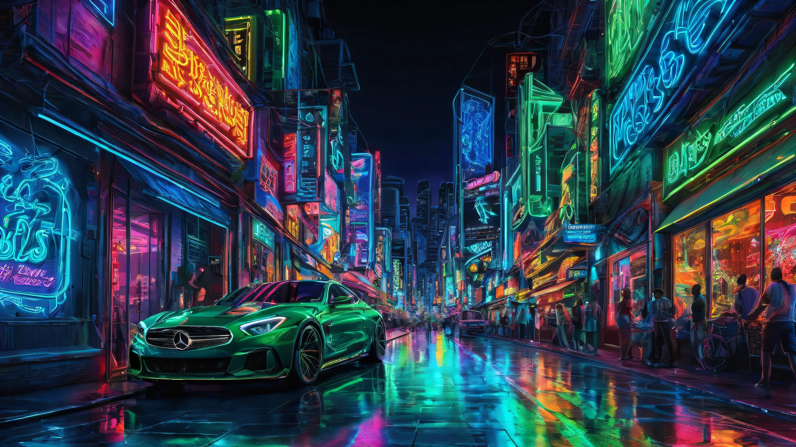 Breathtaking nightscape desktop wallpaper featuring pristine clarity, neon signs, and ray-traced reflections for Desktop/PC users.