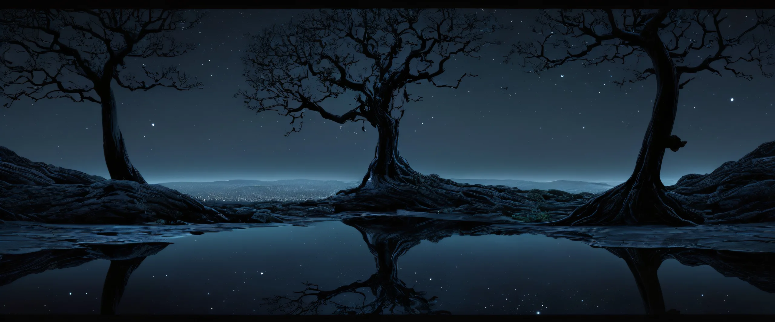 Epic Ethereal Nightscapes Unfolds Desktop Wallpaper A stunning desktop backdrop featuring a tree and building at night, perfect for PC or Desktop use.