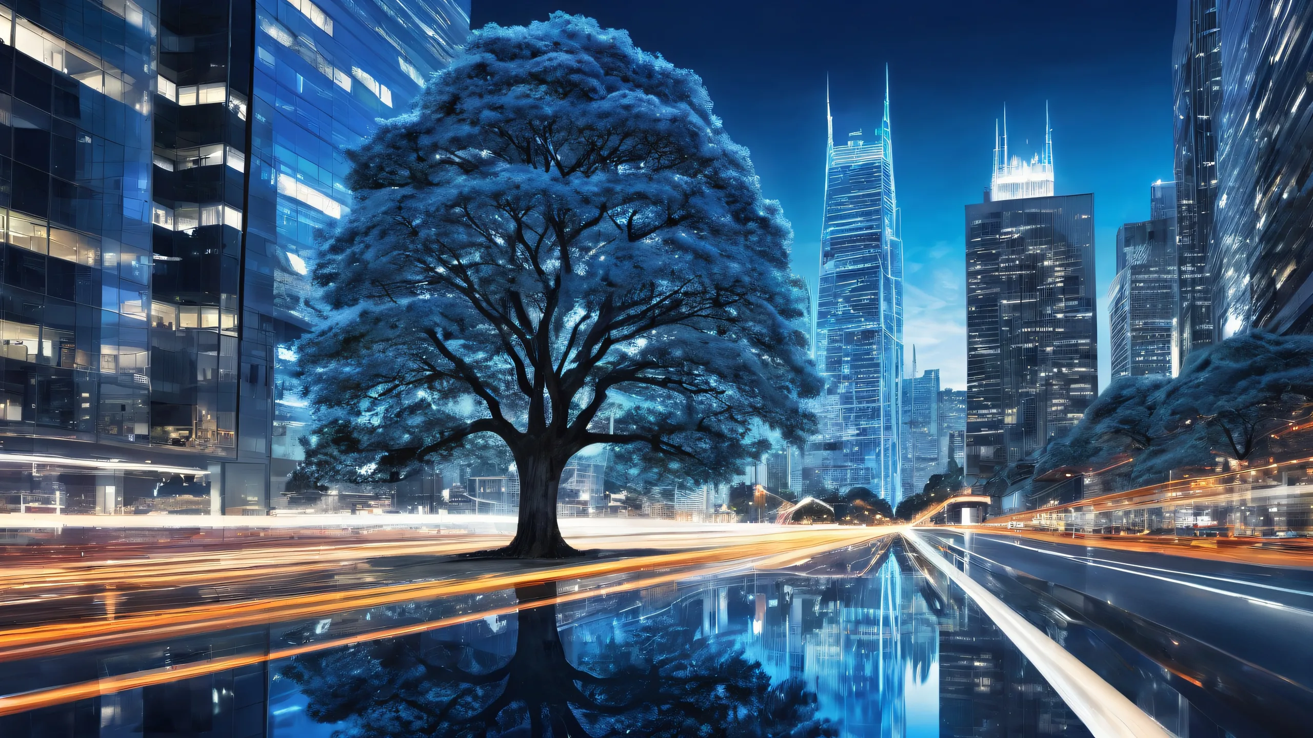 Desktop/PC wallpaper featuring a tree in a vast void with a reflection of a motor vehicle and building in the distance, under ethereal lighting.