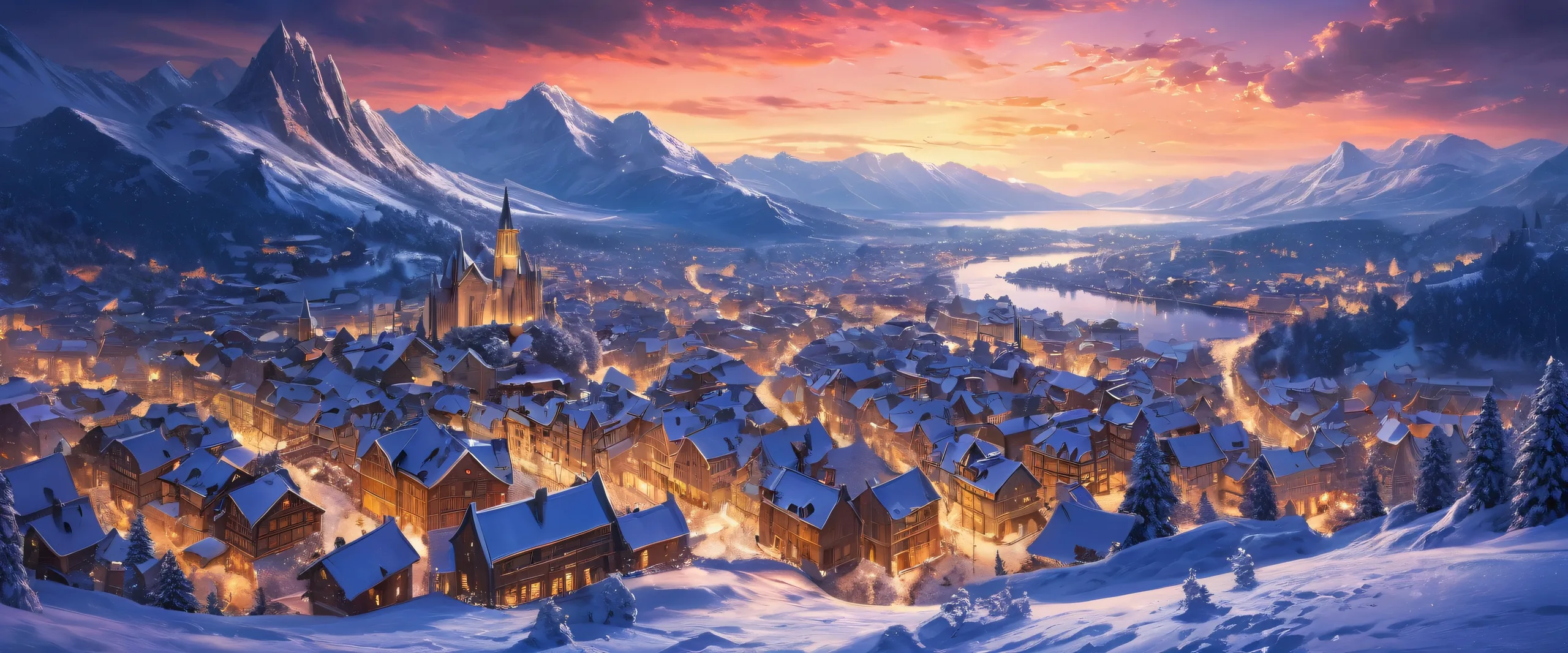 A stunning desktop image of a snow-covered town in the distance against a dark and starry night sky, perfectly suited for a desktop/pc.