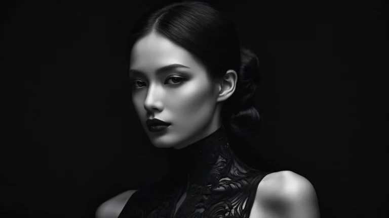 Woman in a vast, pure void, with deep blacks and luminescent accents on a desktop/pc.