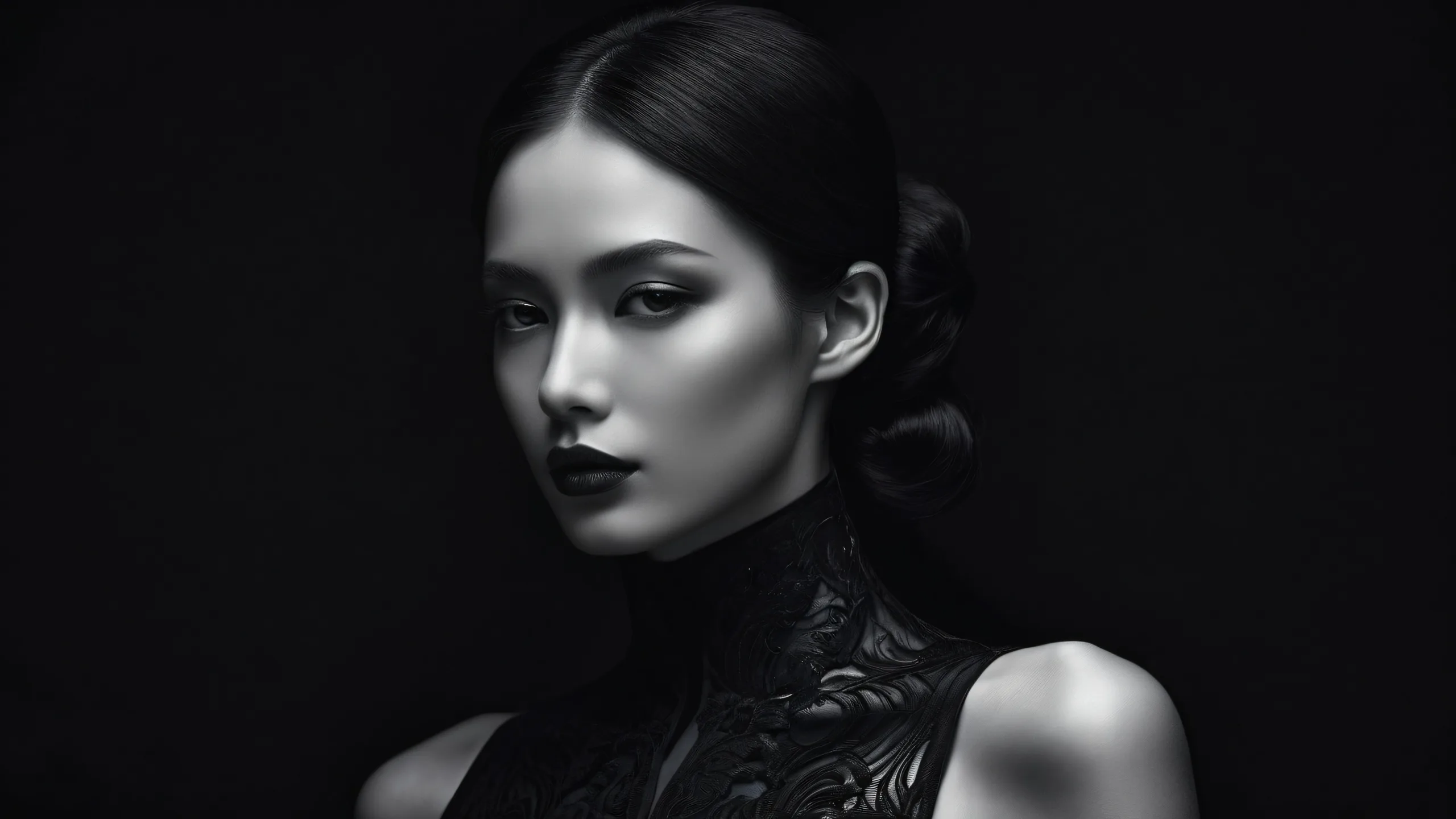 Woman in a vast, pure void, with deep blacks and luminescent accents on a desktop/pc.