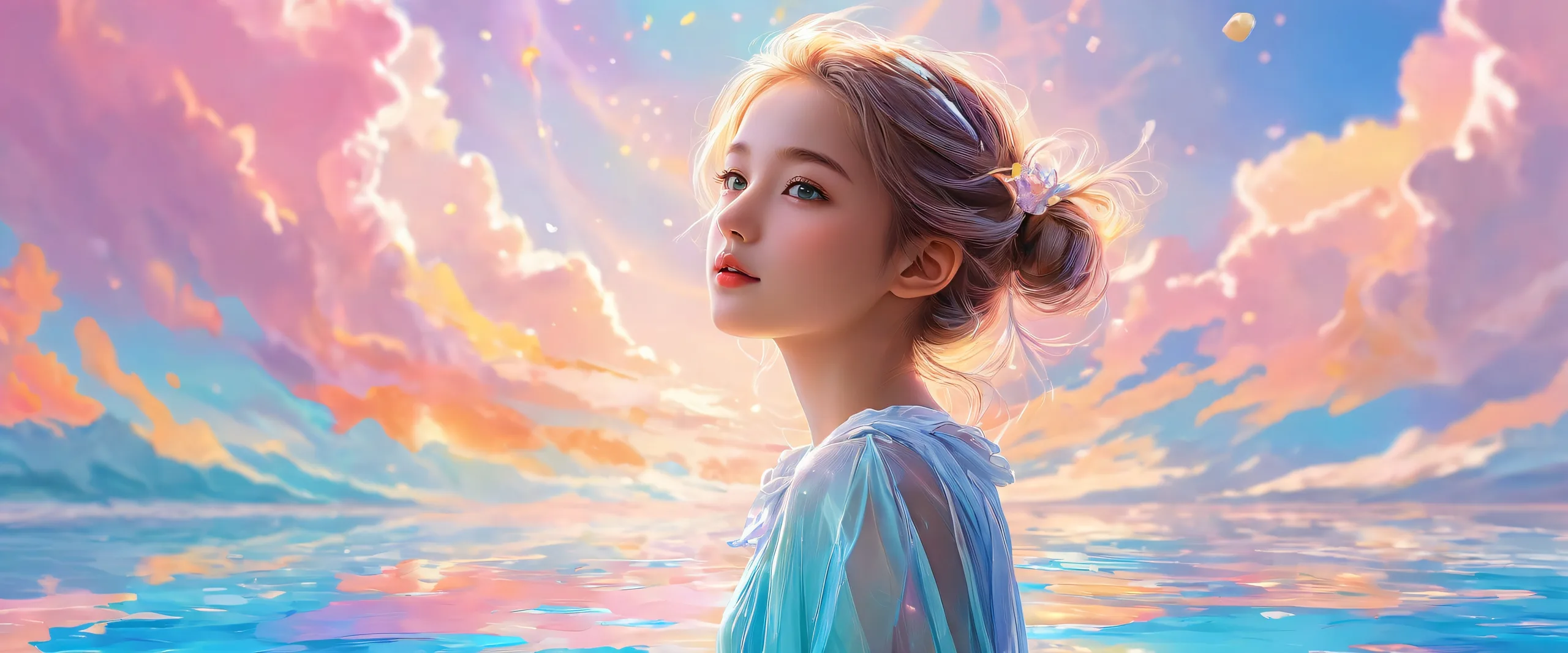 Girl standing in a vast pure void with ethereal lighting on a desktop/pc.