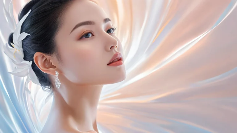 A serene woman stands amidst a vast, pure void on a desktop/pc, with radiant lighting and brilliant colors.