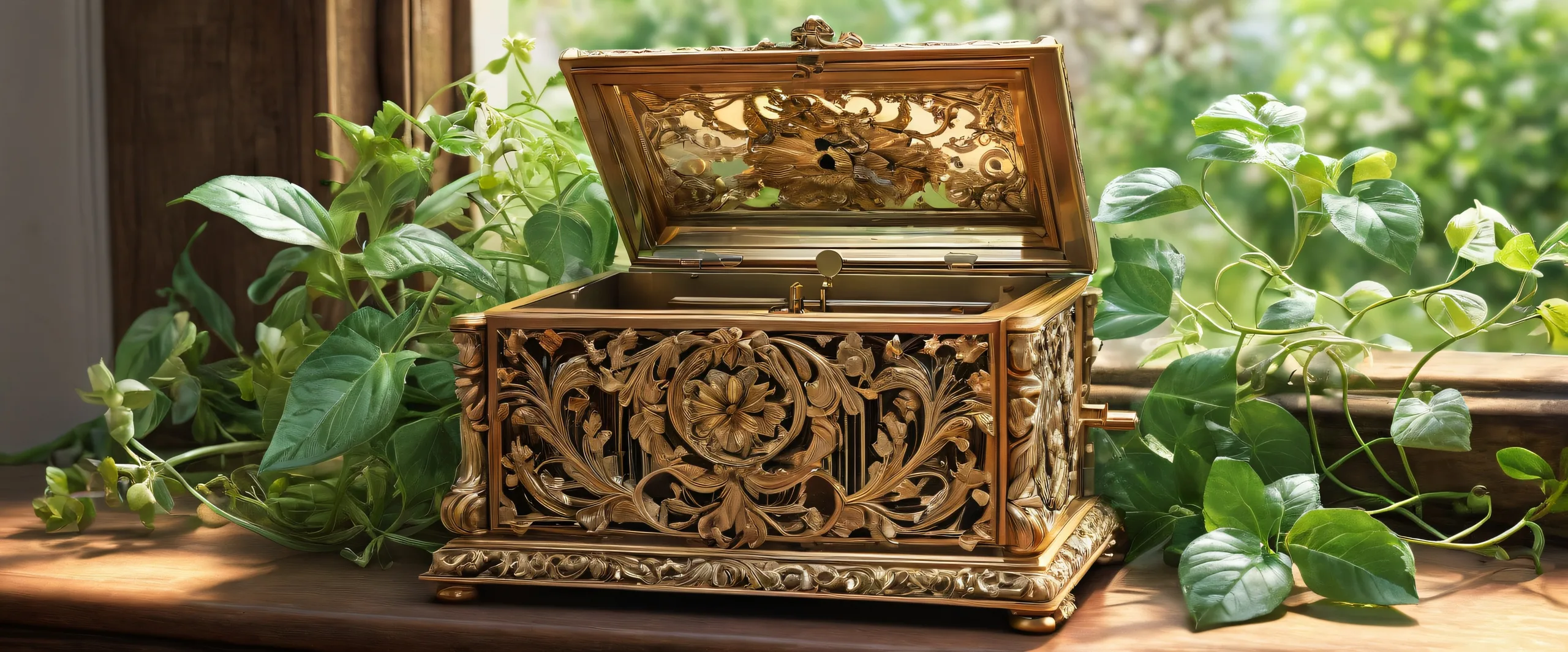 A serene and mystical desktop scene featuring an antique music box surrounded by lush overgrown plants and vines on a pristine pure void, ideal for any desktop or PC.