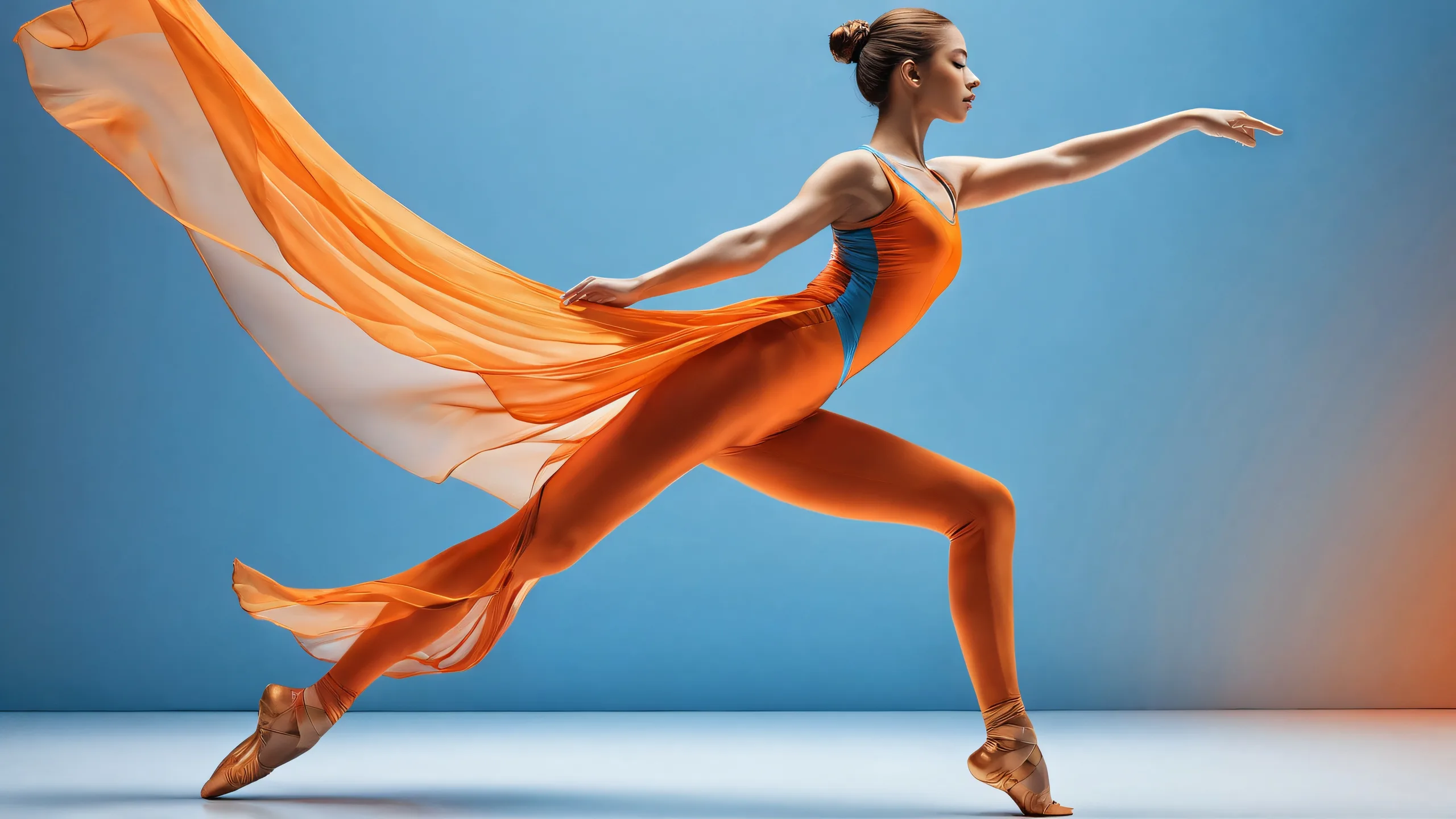 Dancer in a vast pure void with subtle blue and orange streaks on a desktop or PC.