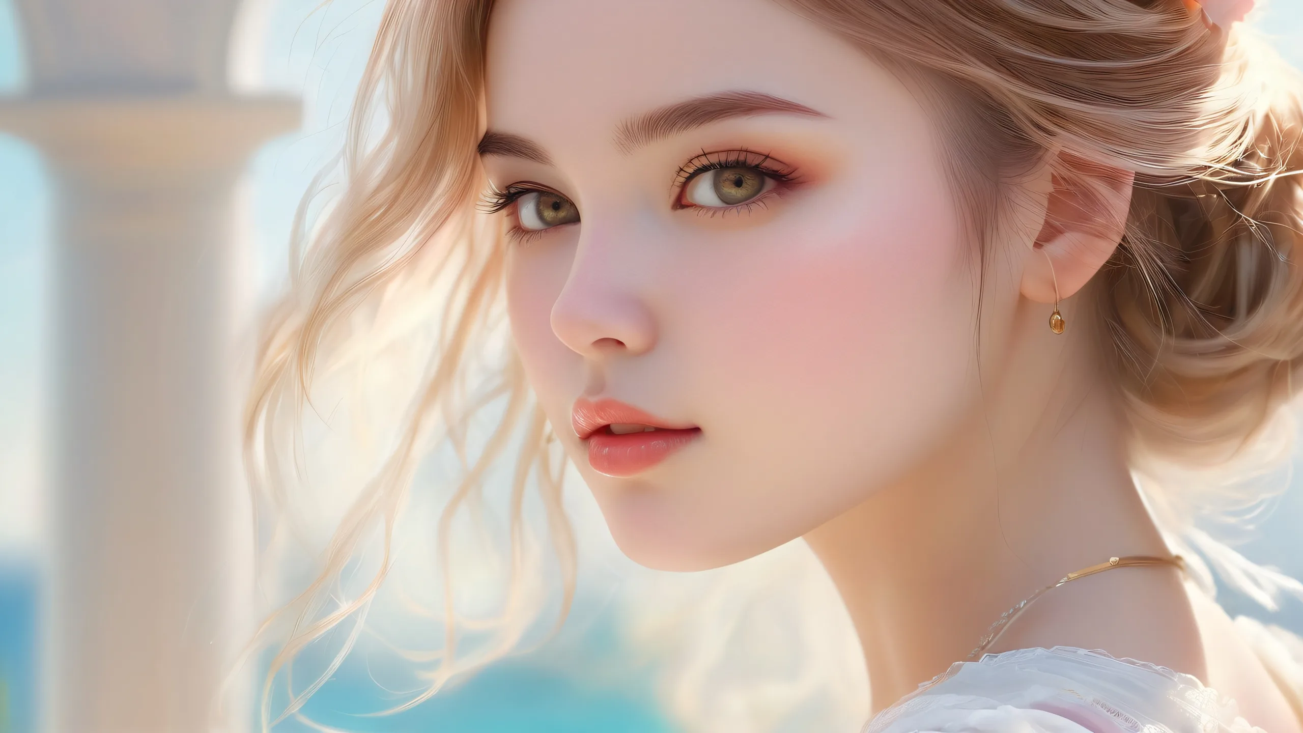 A beautiful, dreamy desktop wallpaper of a girl surrounded by a vast, pure void with ethereal lighting and radiant colors.