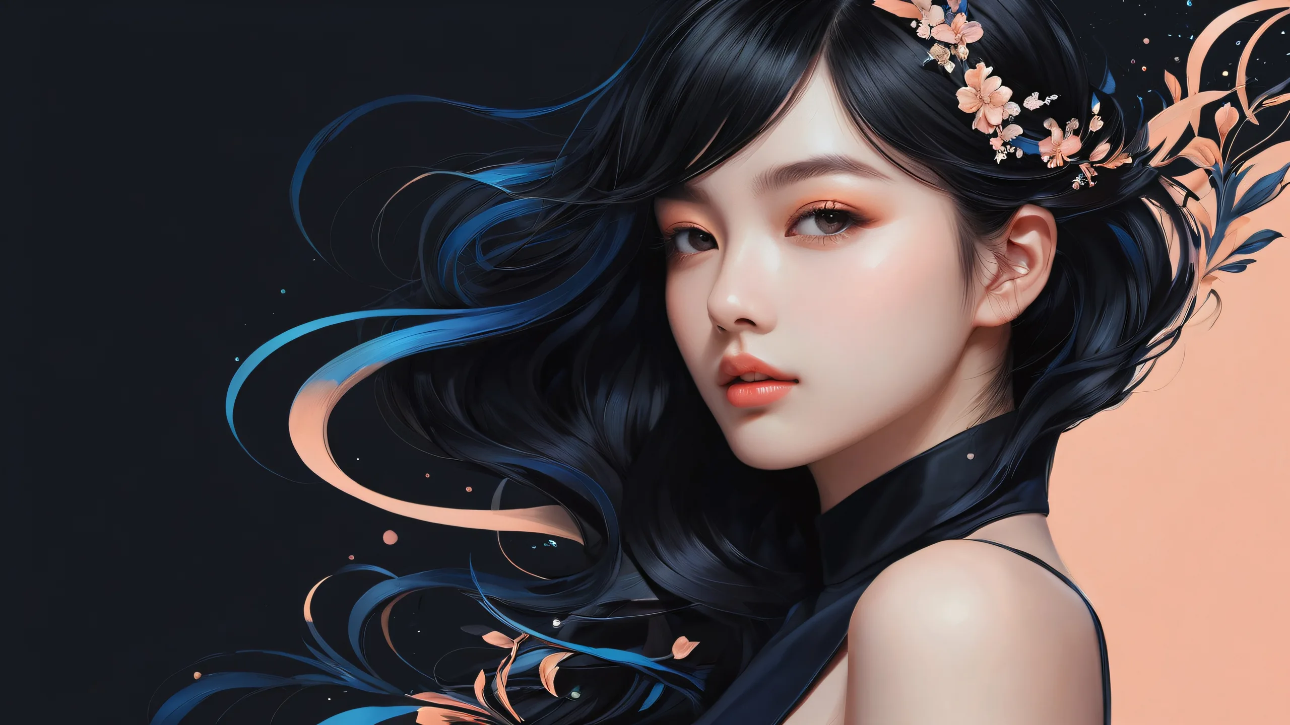 A stunning girl in a vast pure void with deep blacks and luminescent accents on a desktop/PC.