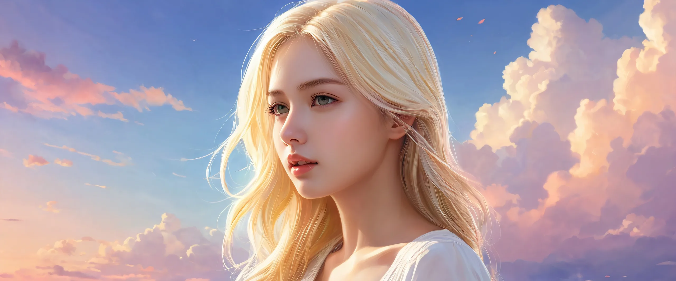 Blonde girl in a vast, pure void with ethereal lighting and subtle gradient effects for Desktop/PC users.