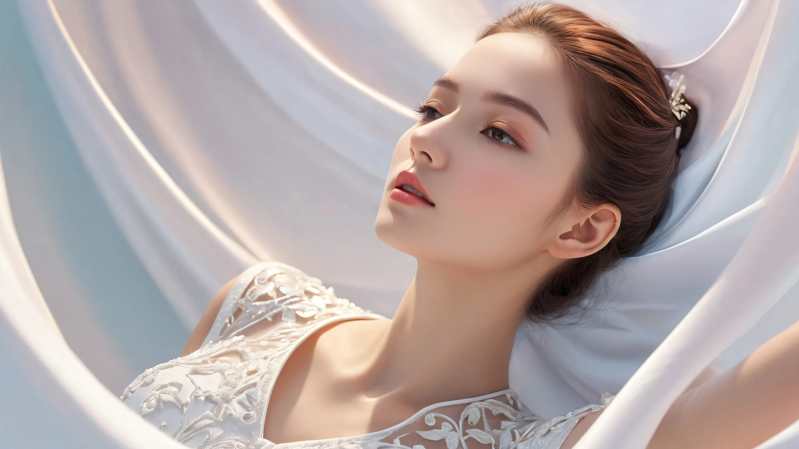 Woman in a pristine void with ethereal lighting and brilliant colors for a desktop/PC.