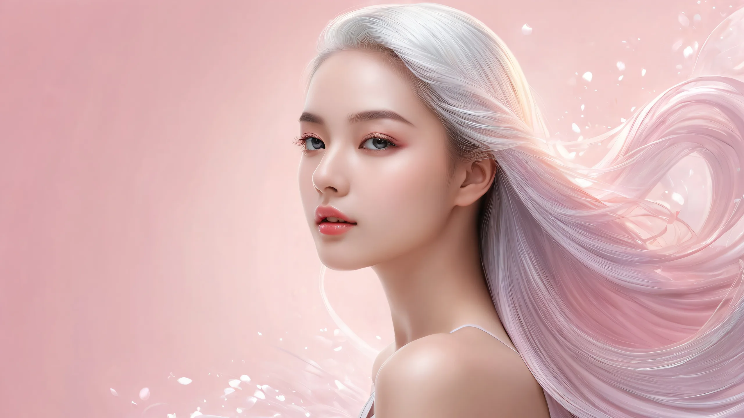 A serene and pristine desktop scene featuring a woman amidst a vast, pure void with depth of field for a mesmerizing effect. Ideal for Desktop/PC.