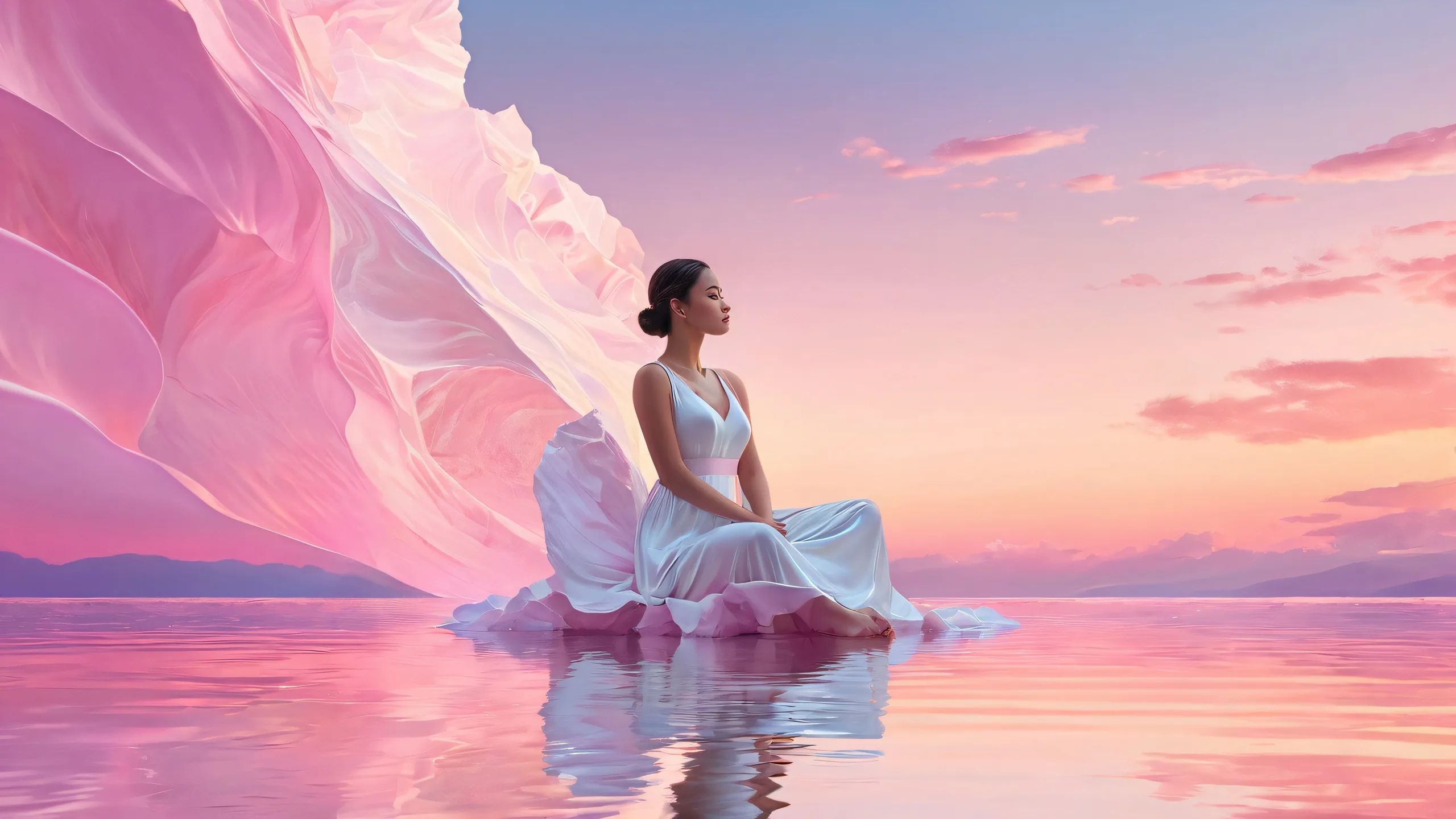 Seated female figure in a vast pure void with ethereal lighting and ray traced reflections on a desktop/pc.