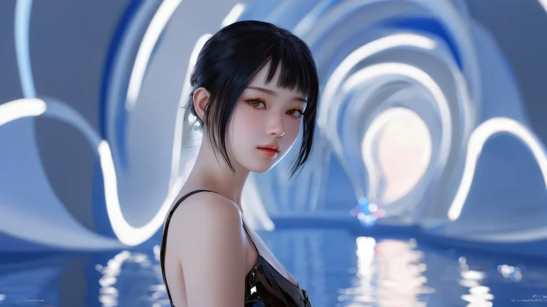 A serene and futuristic desktop scene featuring a girl in a vast pure void with radiant lighting.