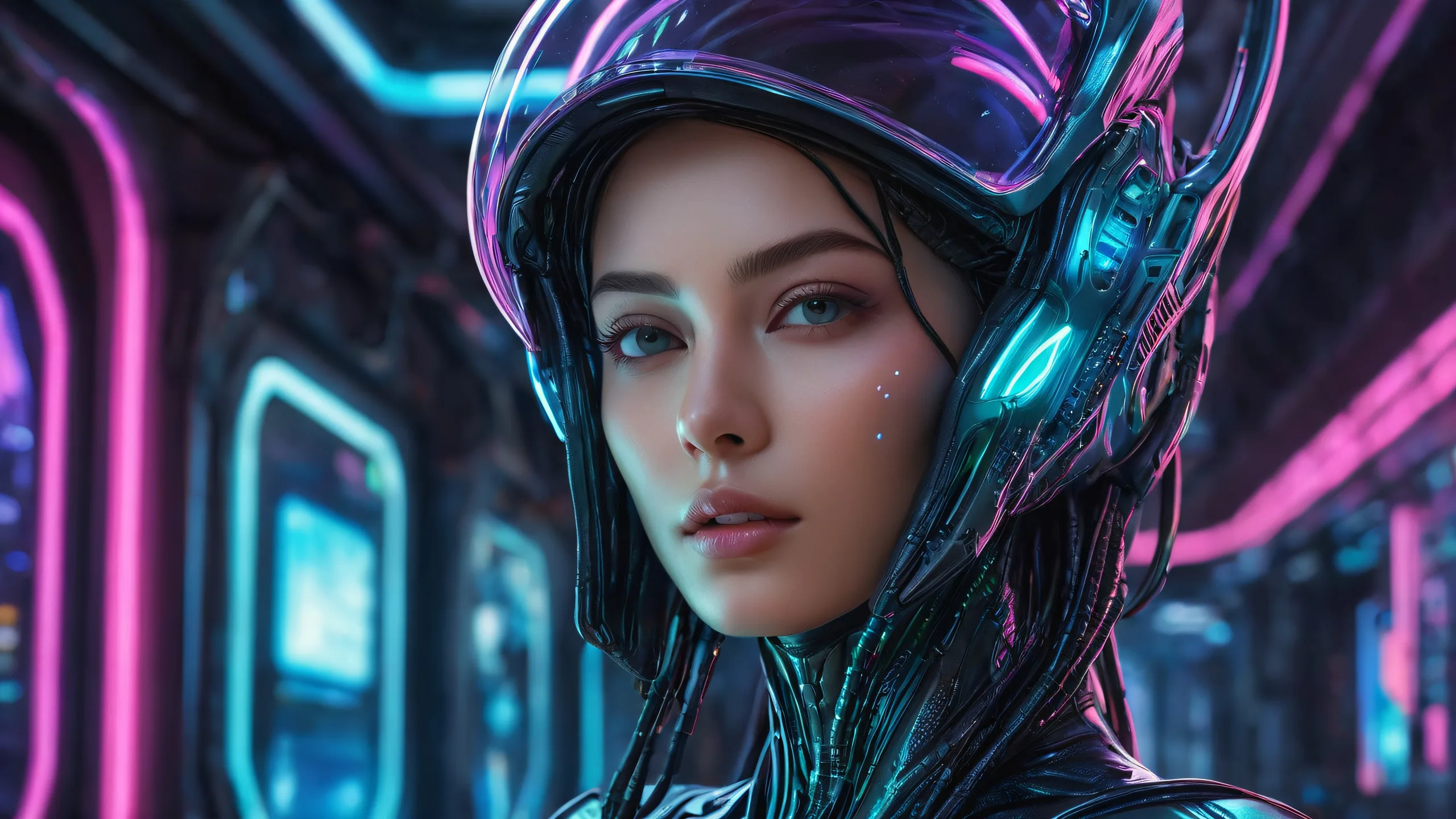 A serene alien woman stands in a vast, pristine void on a desktop/pc, surrounded by ethereal lighting and radiant colors.