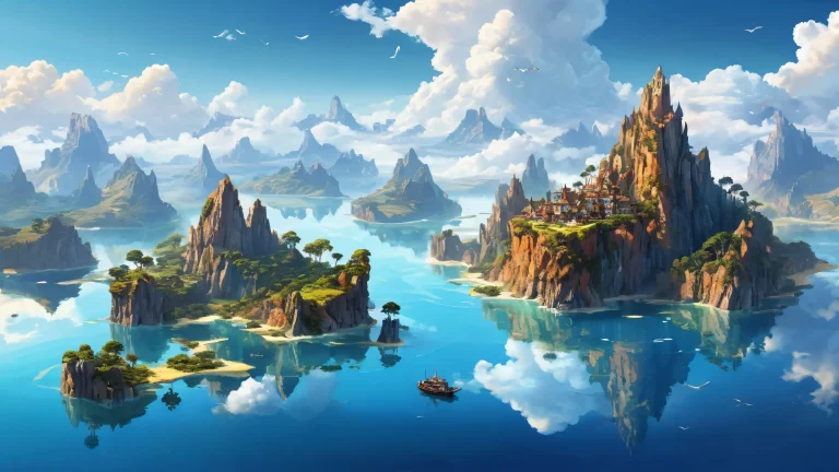 Floating islands in a pure void, with cliffs and clouds, perfect for desktop/pc
