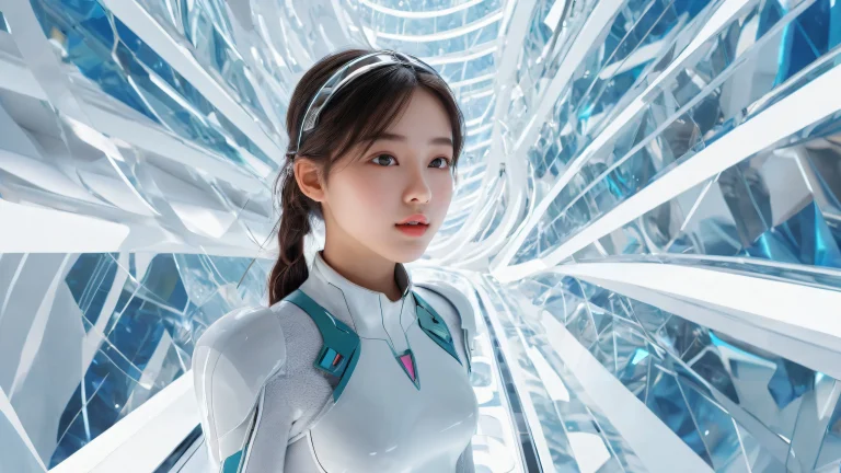 A stunning desktop wallpaper of a girl in a vast, pure void, with radiant colors and reflections for use on Desktop/PC.