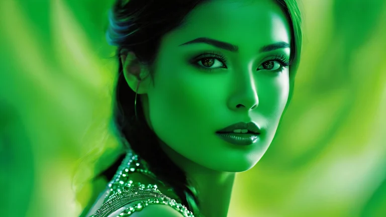 A woman stands in a vast, green void with perfect depth of field, ideal for desktop/pc use.