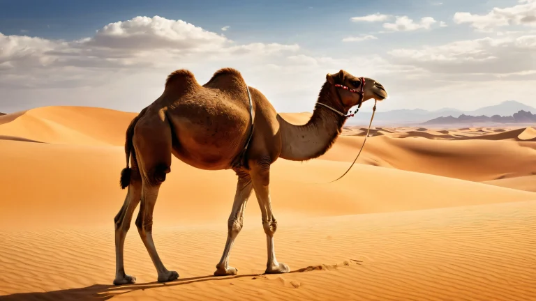 A majestic Camel stands on a pristine void landscape for desktop/pc use, showcasing breathtaking ethereal lighting and radiant colors.