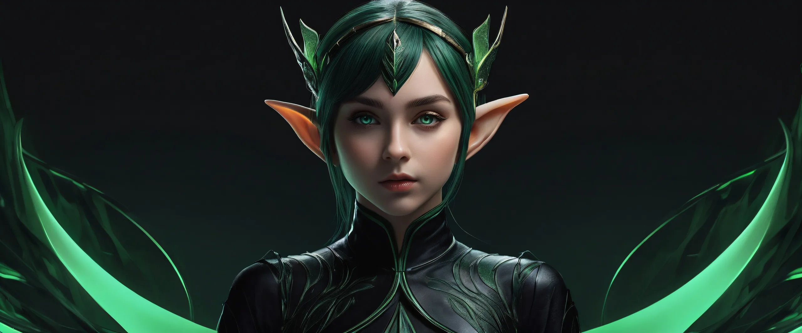 Elf Girl stands in a pristine void with deep perfect blacks and luminescent accents on a dark mode desktop or PC.