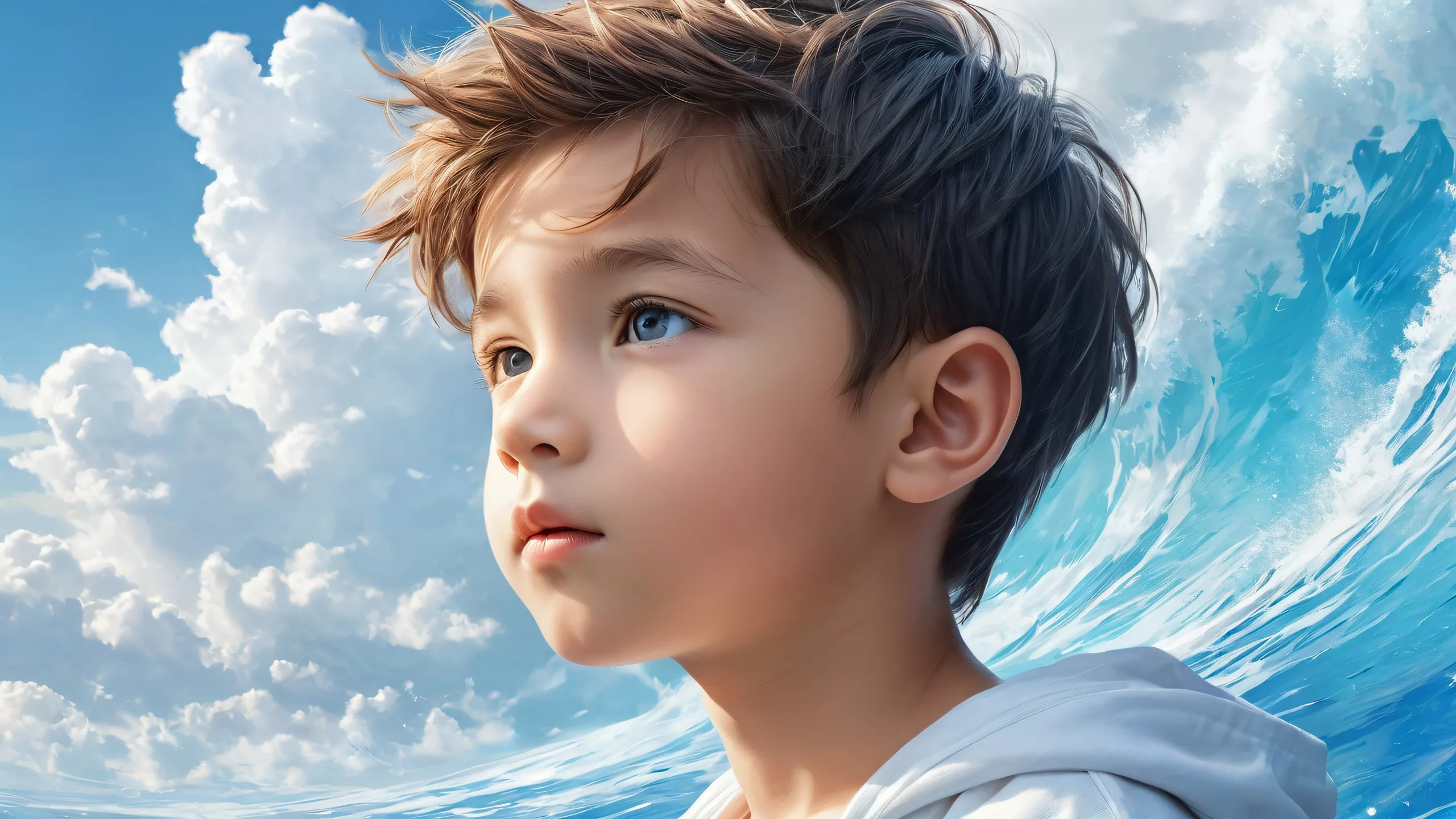 A serene and peaceful desktop scene featuring a boy standing in a vast, pure void with brilliant colors and radiant lighting.