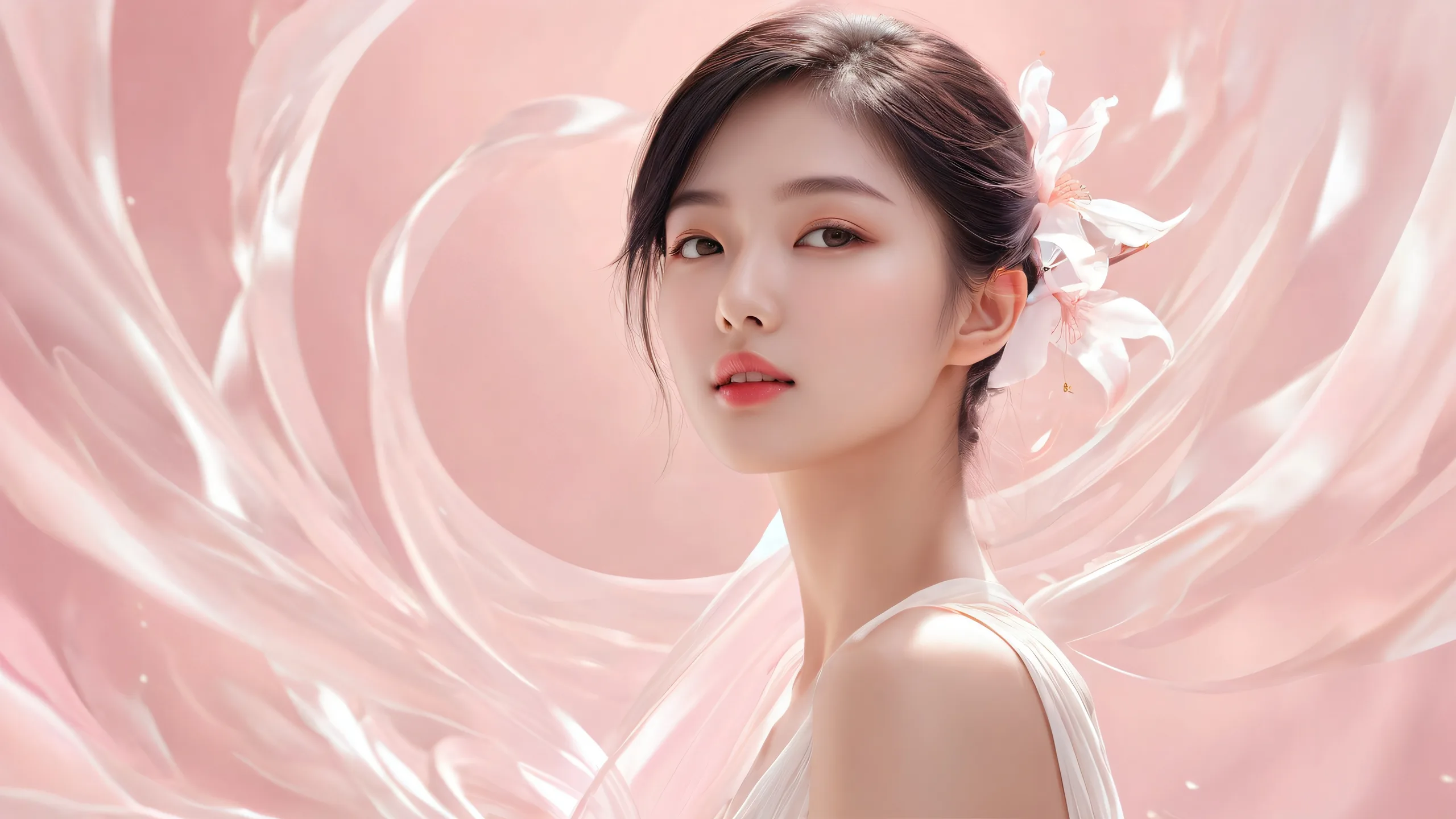 A serene and breathtaking desktop wallpaper featuring a woman amidst a vast, pure void with extreme depth of field, perfect for your Desktop/PC.