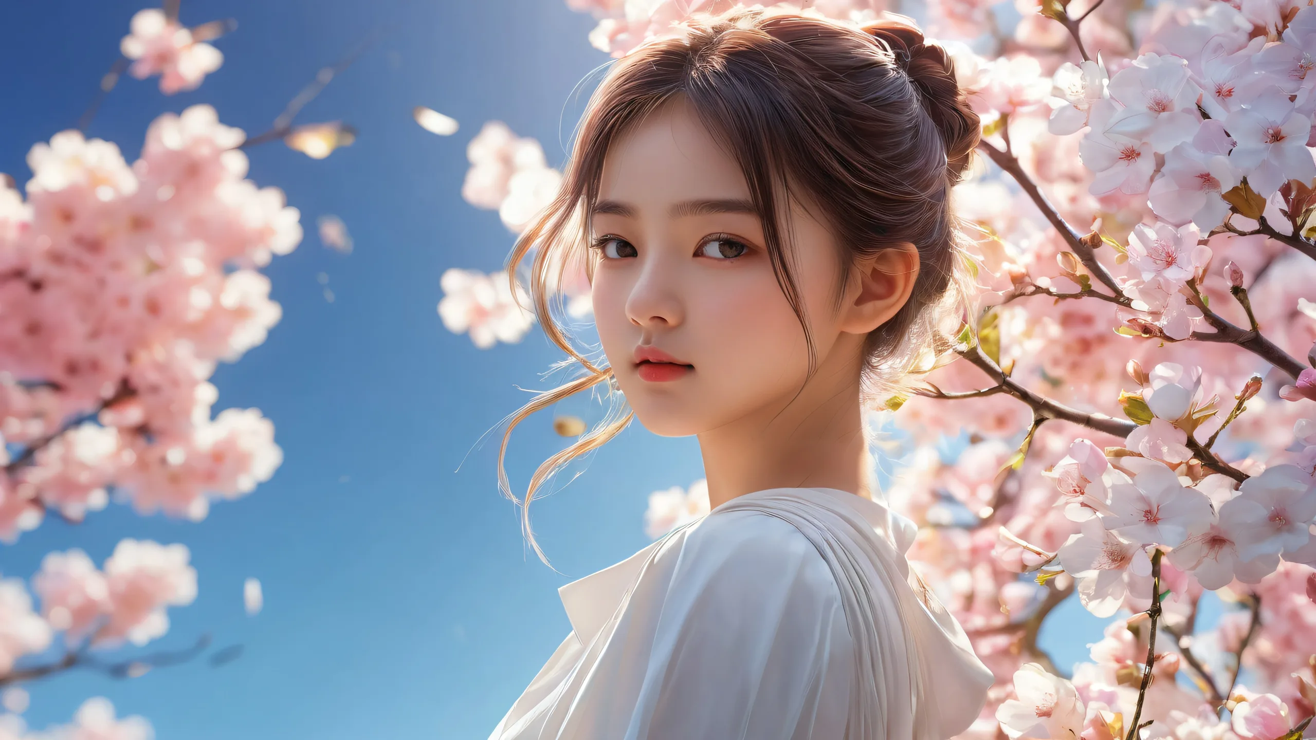 A serene and peaceful desktop wallpaper featuring a single girl surrounded by a vast, pure void on a desktop or PC.