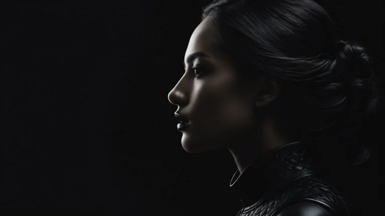 A serene and futuristic desktop scene of a woman standing amidst a vast pure void on a dark mode background, perfect for screens, with crisp contrast and luminescent accents.