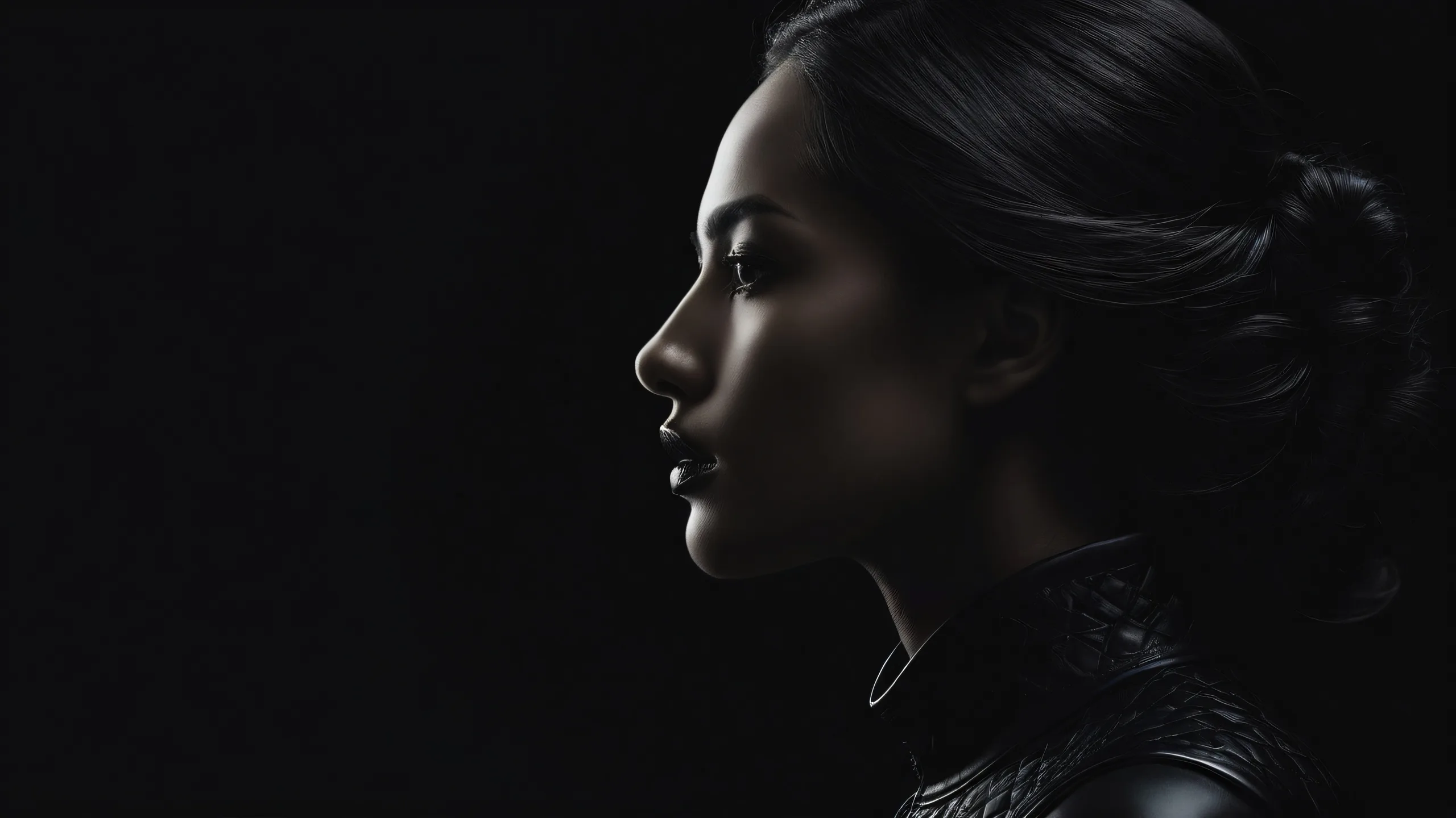 A serene and futuristic desktop scene of a woman standing amidst a vast pure void on a dark mode background, perfect for screens, with crisp contrast and luminescent accents.