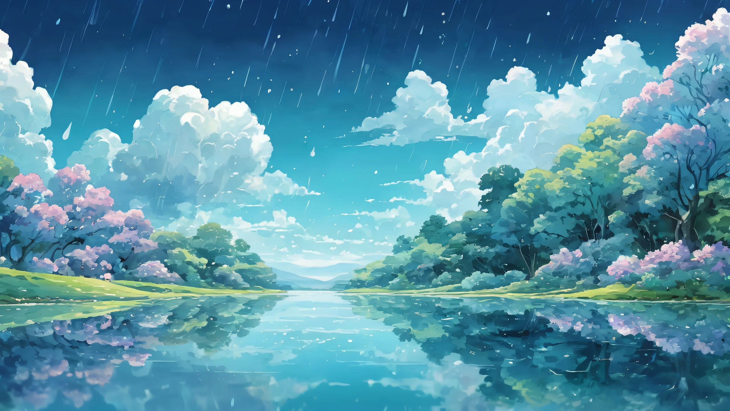 A serene desktop scene of Ditto amidst a vast pure void, with rain and darkness, perfect for a Desktop/PC background.
