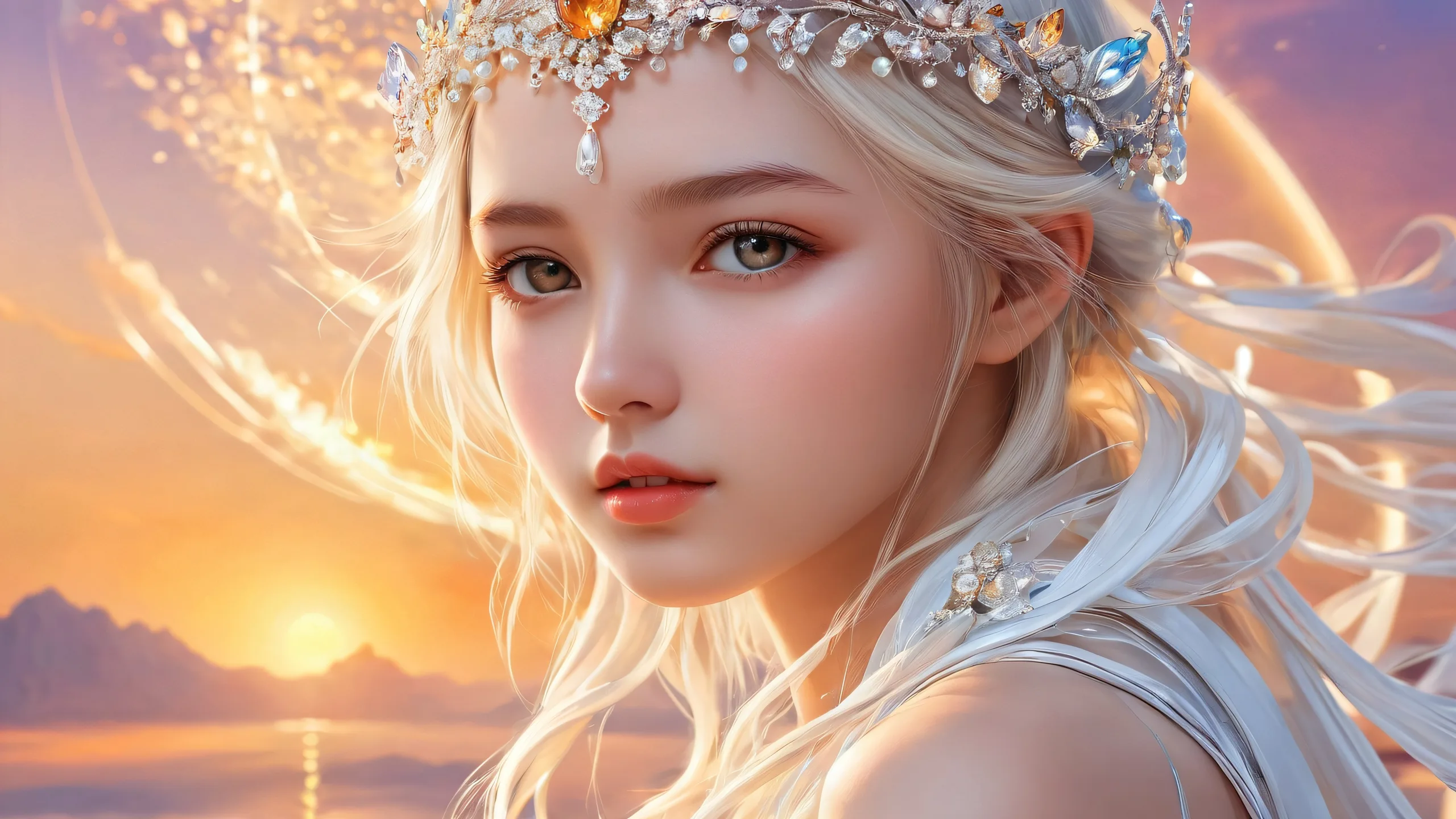 A serene and majestic female figure standing amidst a vast, pure void, perfect for your desktop/pc.