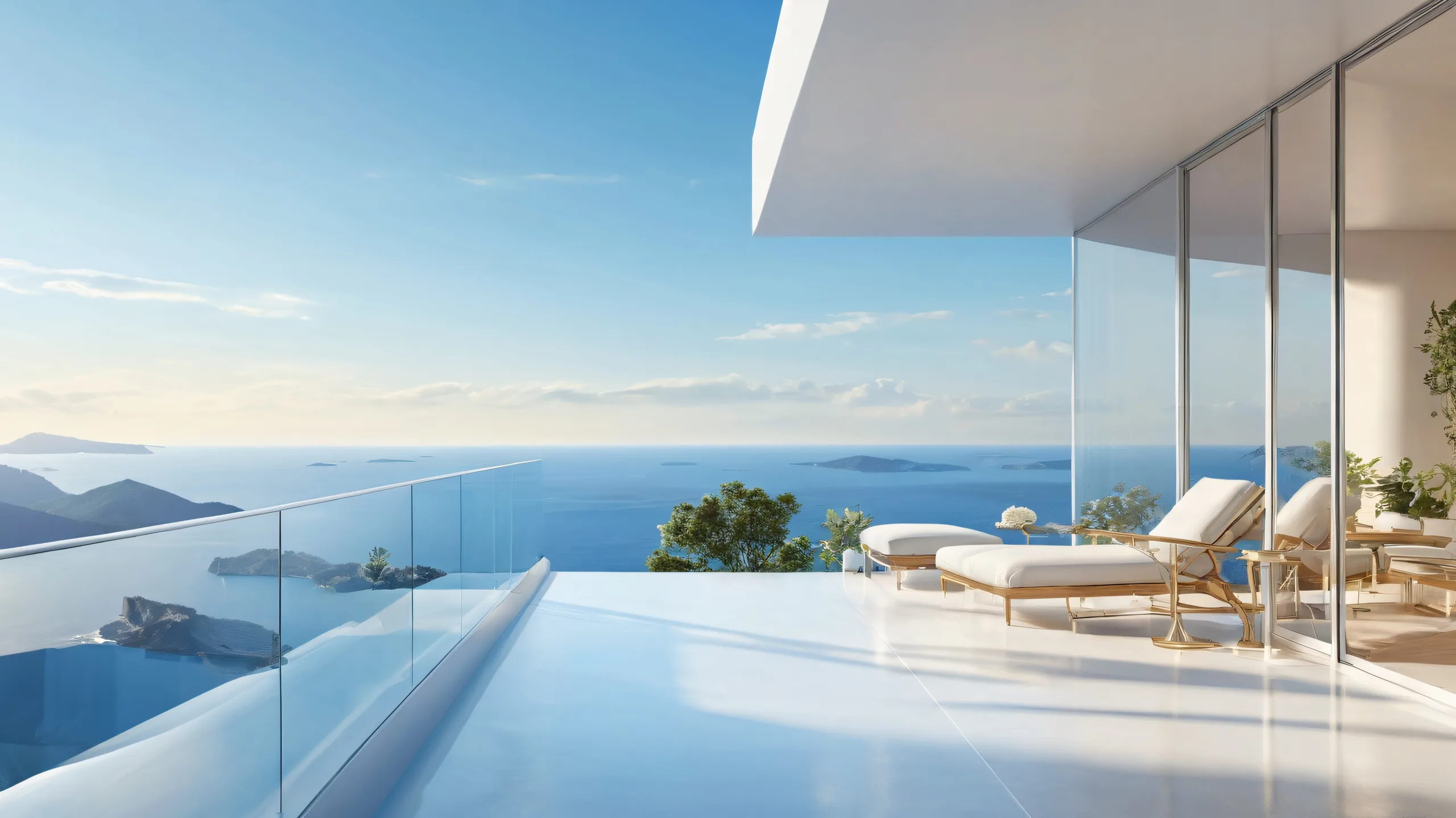 A breathtaking desktop wallpaper of a balcony with a perfectly clean vast pure void, suitable for a PC or Desktop.