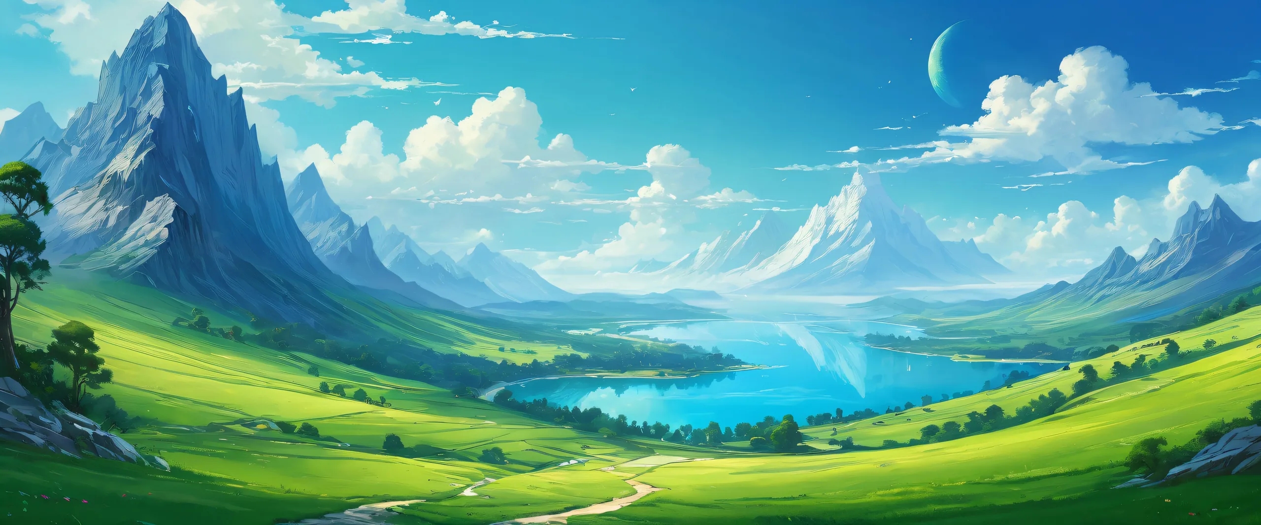 Desktop/PC background featuring a picturesque landscape in the distance, with radiant colors and ray-traced reflections.