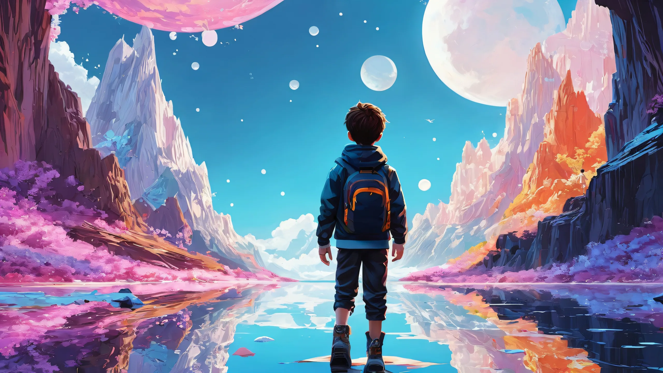 Boy standing in a vast pure void with radiant lighting and ray traced reflections on a desktop/PC.