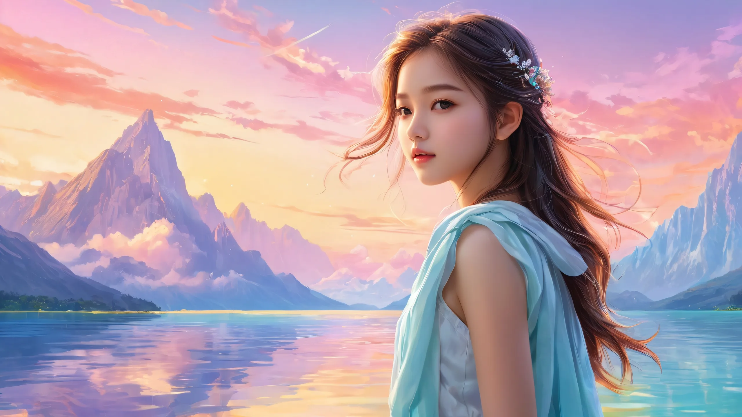 Beautiful girl in a vast, pure void with radiant lighting and stunning visual impact for desktop/pc.