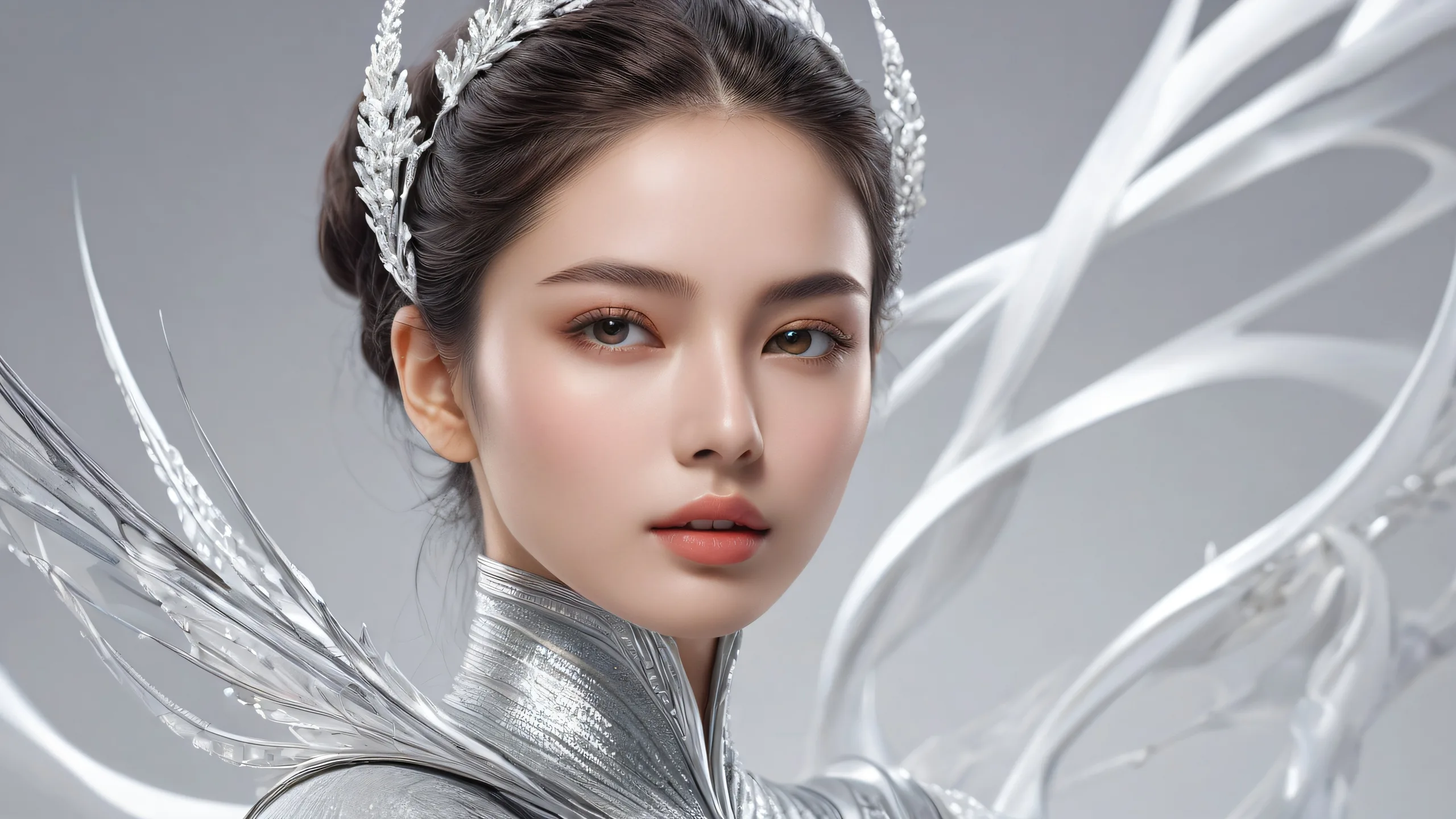 Beautifully designed desktop background featuring a serene woman in a pure void with radiant colors and textures, perfect for a PC or laptop screen.