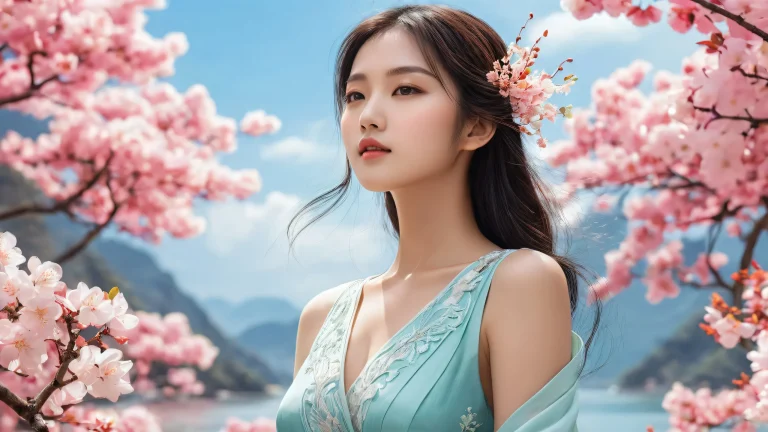 A serene and vibrant Asian-inspired desktop scene with a woman amidst a vast pure void, parfait pour votre ordinateur de bureau/PC.