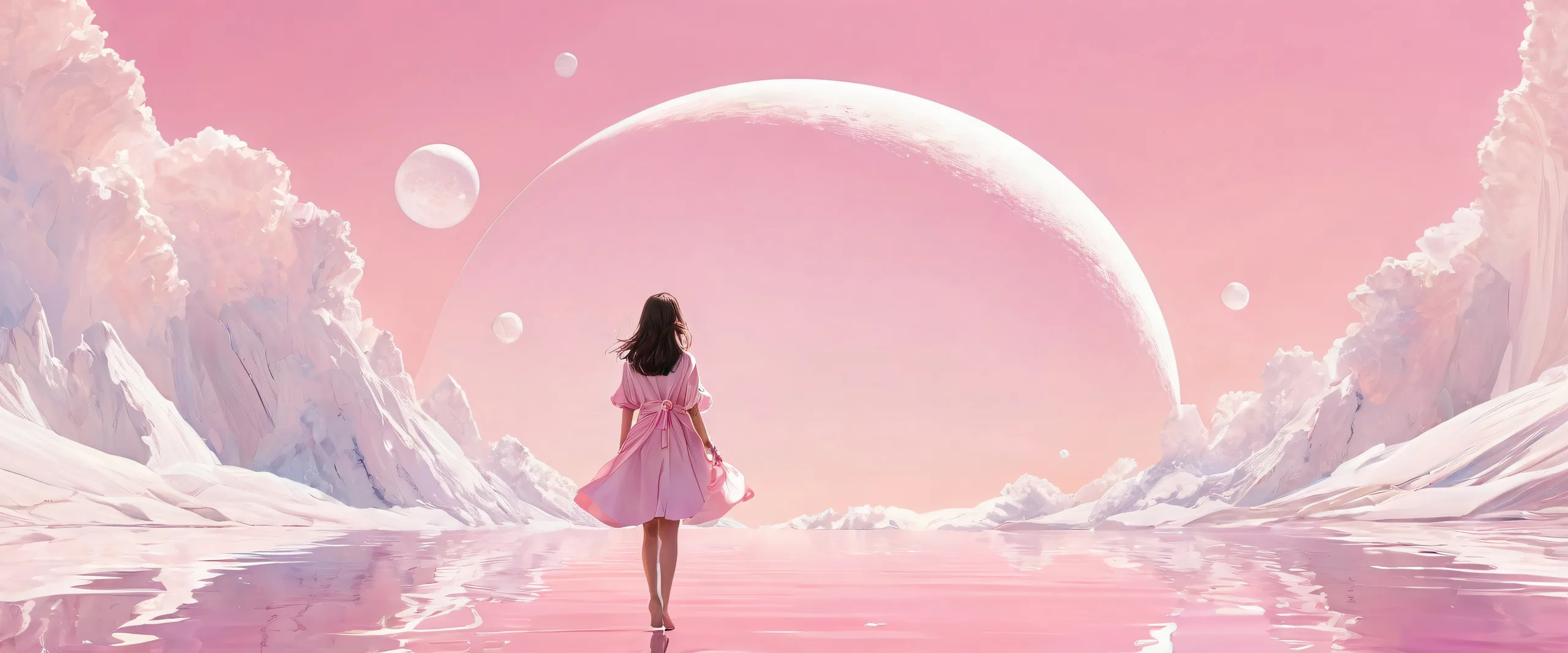 A serene and peaceful desktop scene featuring a young girl amidst a vast, pure void with an extreme depth of field. Suitable for Desktop/PC use.